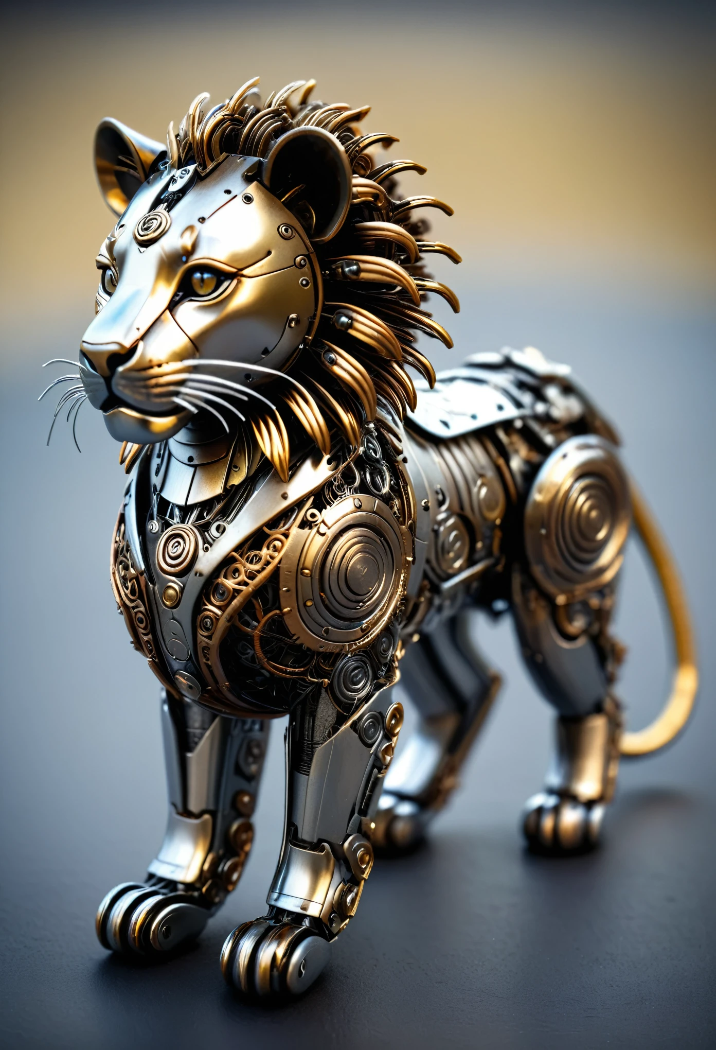 a cute tiny lion made out of metal, (cyborg:1.1), ([tail | detailed wire]:1.3), (intricate details), hdr, (intricate details, hyperdetailed:1.2), cinematic shot, vignette, centered