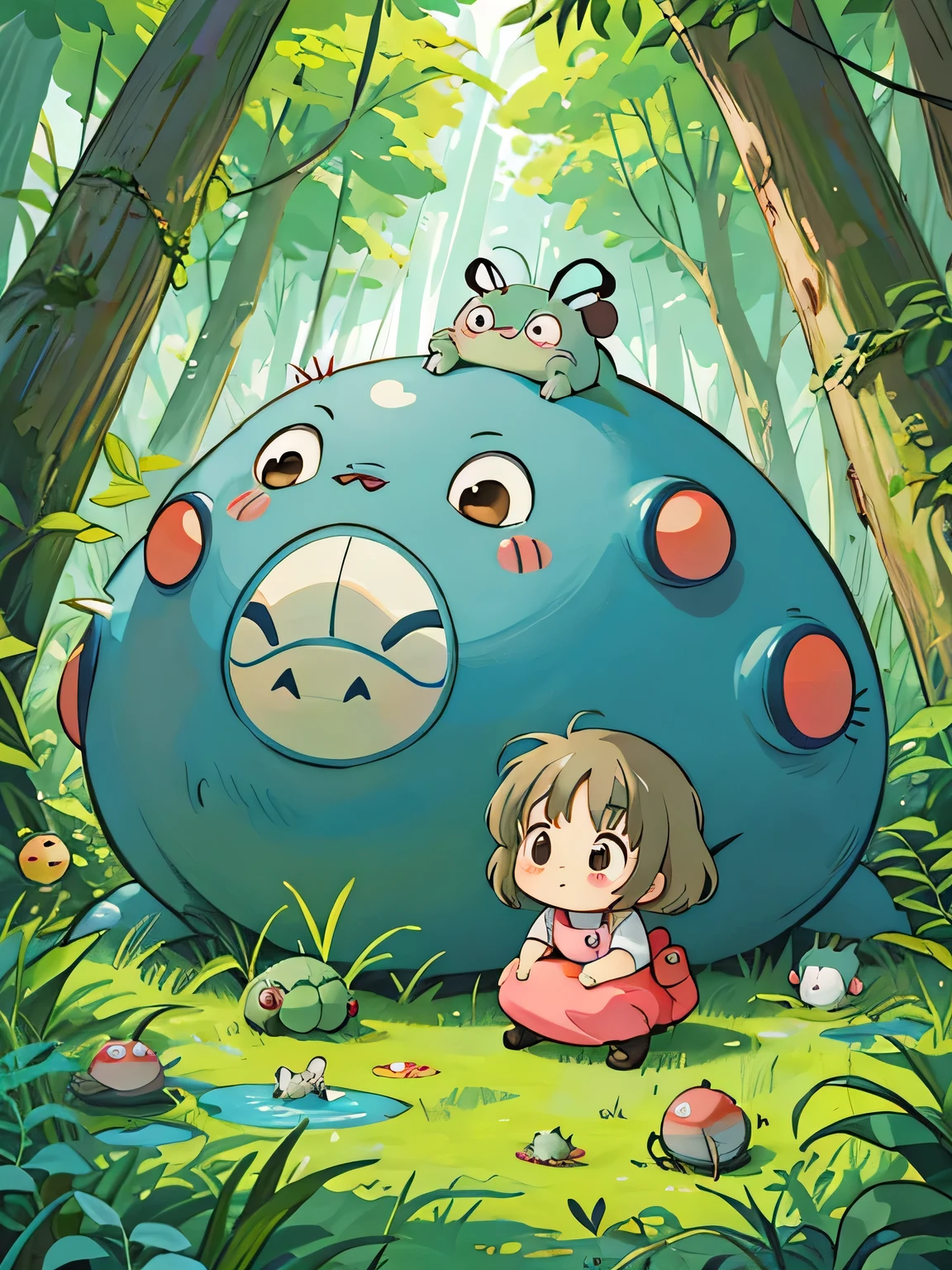 hayao miyazaki style, Kawaii Design, The most beautiful girl of all time、Chibi, Cute and colorful pillbugs、play together、Lots of pillbugs、Totoro Forest
