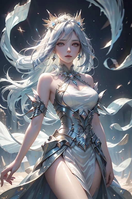 ice queen, girl with a toned face, small mouth, plump lips, serious expression, long hair, white hair with violet highlights, white eyes, white eyelashes, white eyebrows, moving hair, round breasts, big booty, fat thighs, body entire, (((the ice queen stands around stalagmites like pillars of ice))), {extremely detailed 16k CG unit wallpaper}, expansive landscape photography, (a character-focused bottom view and in the scene), (wide open field view), (low angle shot), (high light: 1.2), (low light: 1.6), (warm light source: 1.2), complex details, (iridescent colors: 1.5 ), (bright lighting), (atmospheric lighting), dreamy, unique,