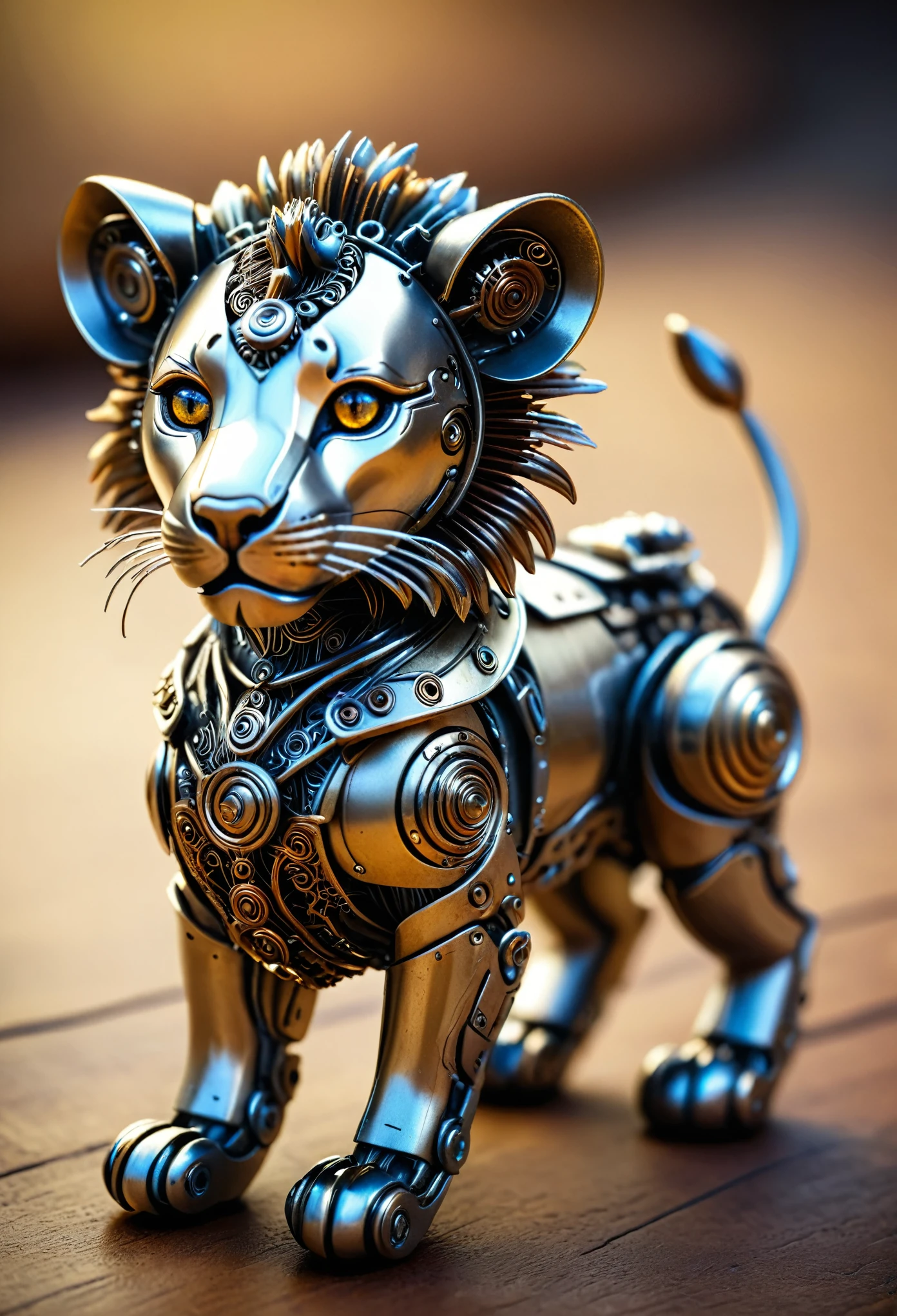 a cute tiny lion made out of metal, (cyborg:1.1), ([tail | detailed wire]:1.3), (intricate details), hdr, (intricate details, hyperdetailed:1.2), cinematic shot, vignette, centered