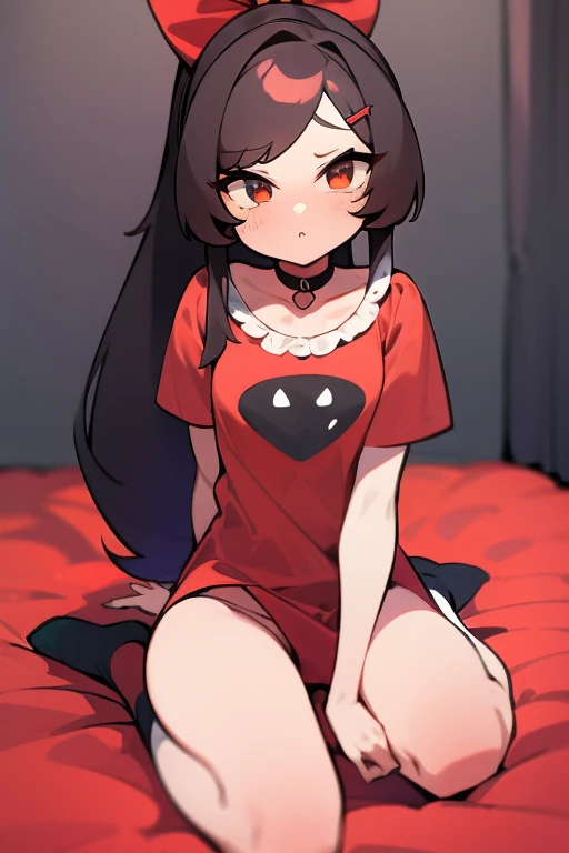 Usando pantimedias, Cabello negro ondulado, mirada penetrante con ojos profundos de color rojo, estatura promedio, Silky hair with a ponytail hairstyle collected with a red bow with two white lines, con ropa, tiene vagina, tiene pechos, primer plano, Session, sitting in her room, sitting on the floor of her room, usando medias pantis, usando pantimedias, Pantimedias, falda corta, zapatos, blusa de tirantes, muslos grandes, culo grande, alta