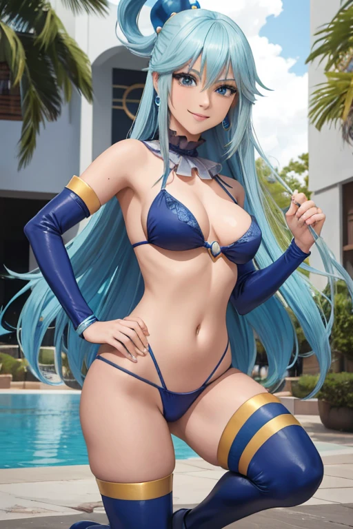Diosa aqua , konosuba, modelando lenceria , en la plaza cuerpo completo 1.2 esbelta grandes oppais cabello largo azul claro, ojos azules piel blanca y una gran sonrisa sensual piernas largas y separadas tacones altos