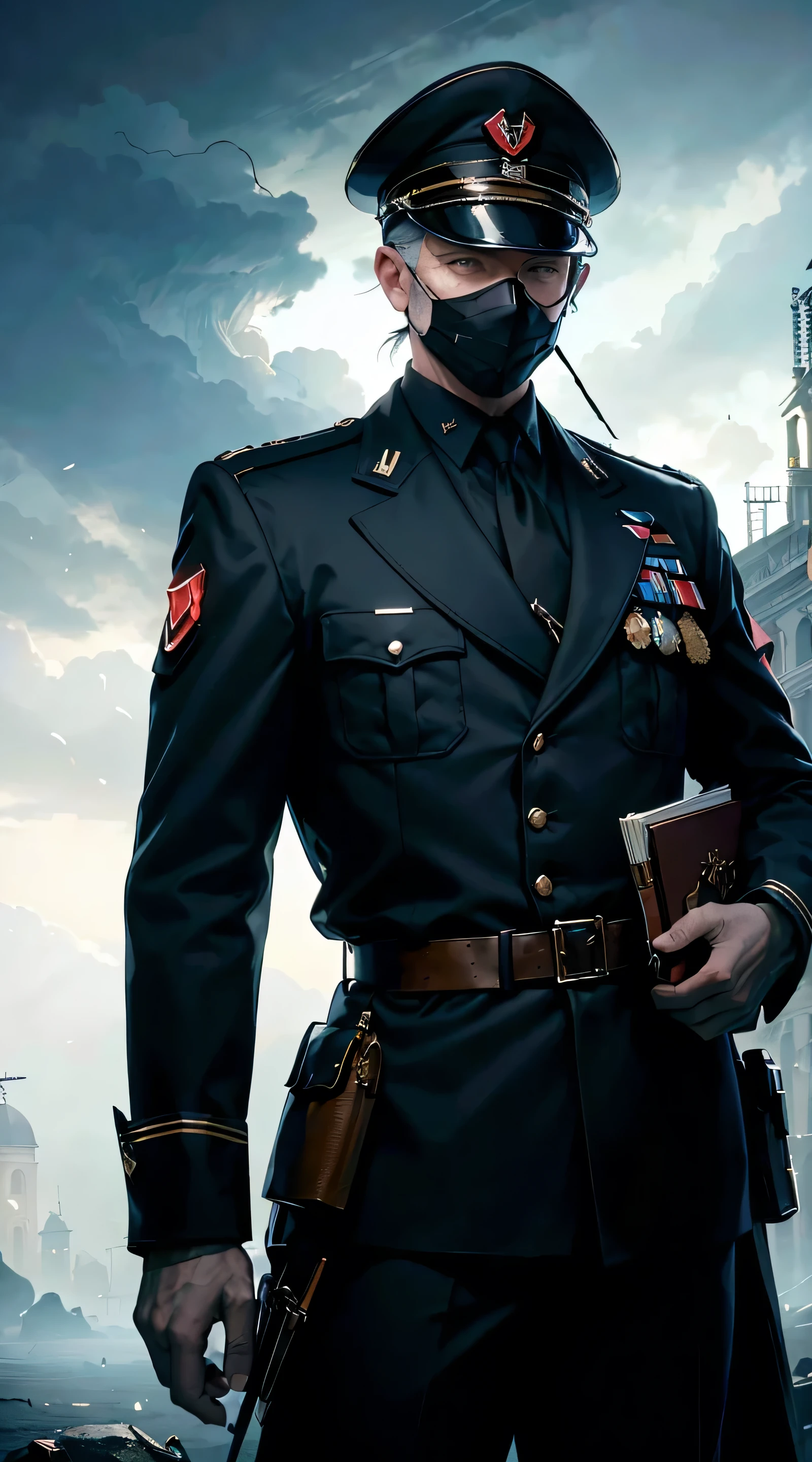 Grandfather holdin book, ww2 black suits, general ww2 hats, black eye mask, Germain town hall background,red blood element,hd light and dark, balance rendering, HD lighting and dark )<=(epic image quality)dark atmosphere with bright particle light(many effects in background)