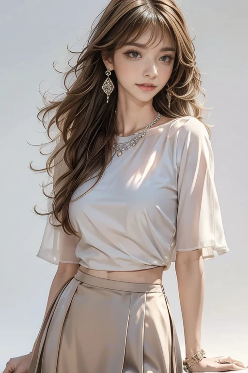 highest quality, Very detailed, masterpiece, 1 person,woman,(((完璧なwomanの体))),Very beautiful face, Very beautiful body,Gentle expression, Very beautiful eyes,(Perfect Makeup:1.1),Fashion Model, Blunt bangs,Shaggy Hair,red, Blonde:1.3, Very thin body,Smart Abs, Chiffon blouse,Long tight skirt,anklet,Full body portrait,(White Background), (Shiny skin),(Earrings),(Audience:1.2)