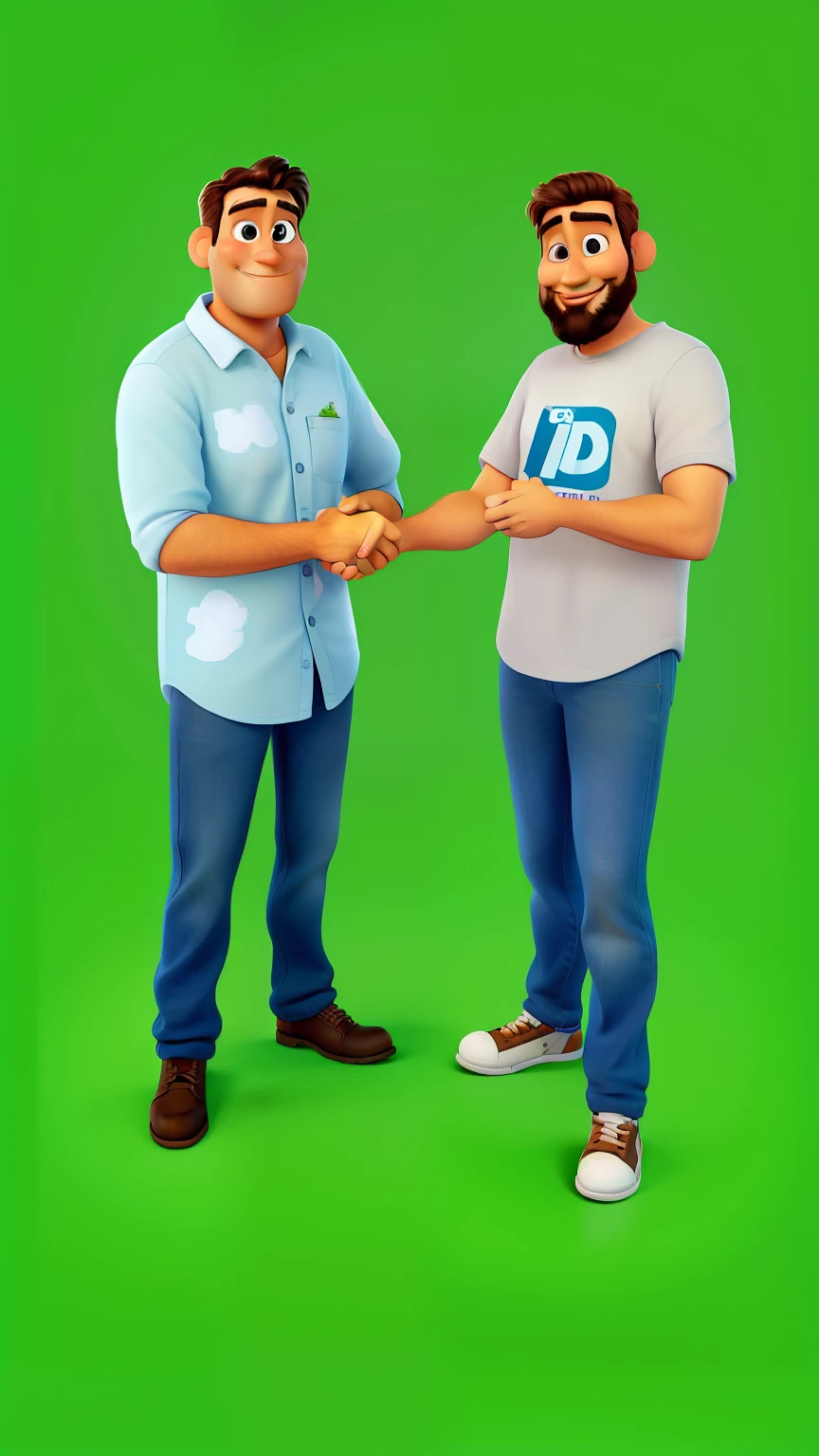 Modelo pixar dos desenhos animados, two smiling men shaking hands, perfect moms, camisas sem estampas, camisas lisas, Pixar rendering, um homem tem o rosto liso sem pelos o outro homem tem barba e bigode.