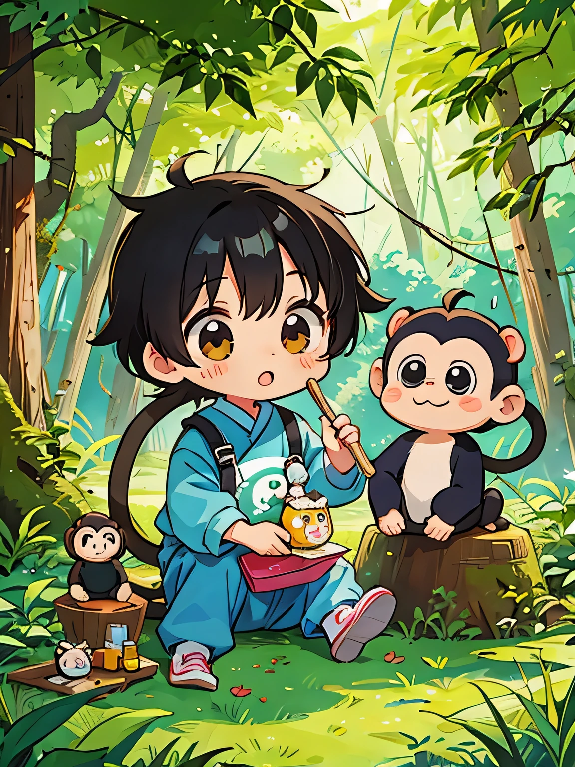 Fujio Akatsuka style, Kawaii Design, Chibi girl monkey, monkey Forest