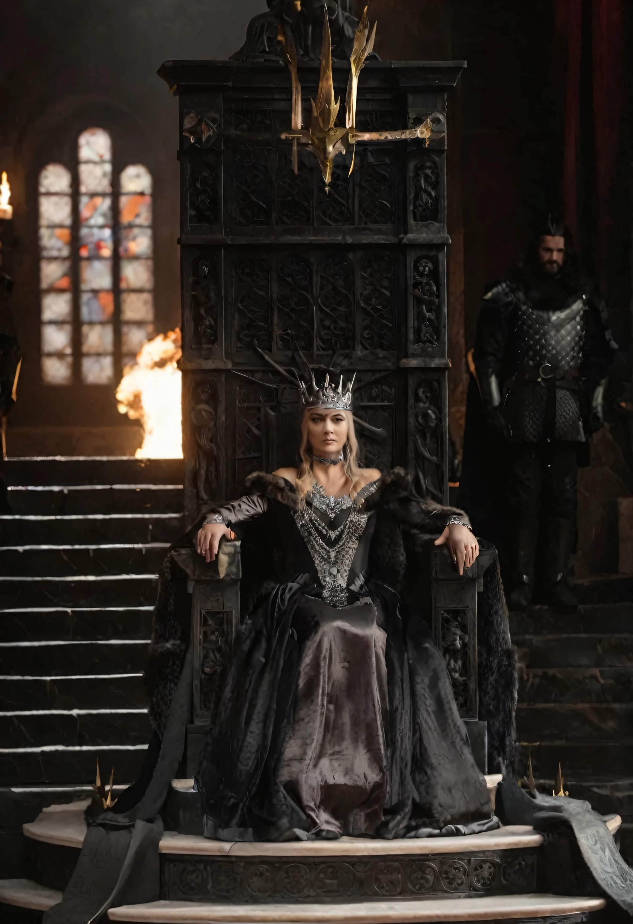 a queen, a black dress with gray highlights, a crown with decorations such as a silver necklace sitting on the throne of Game of Thorones 