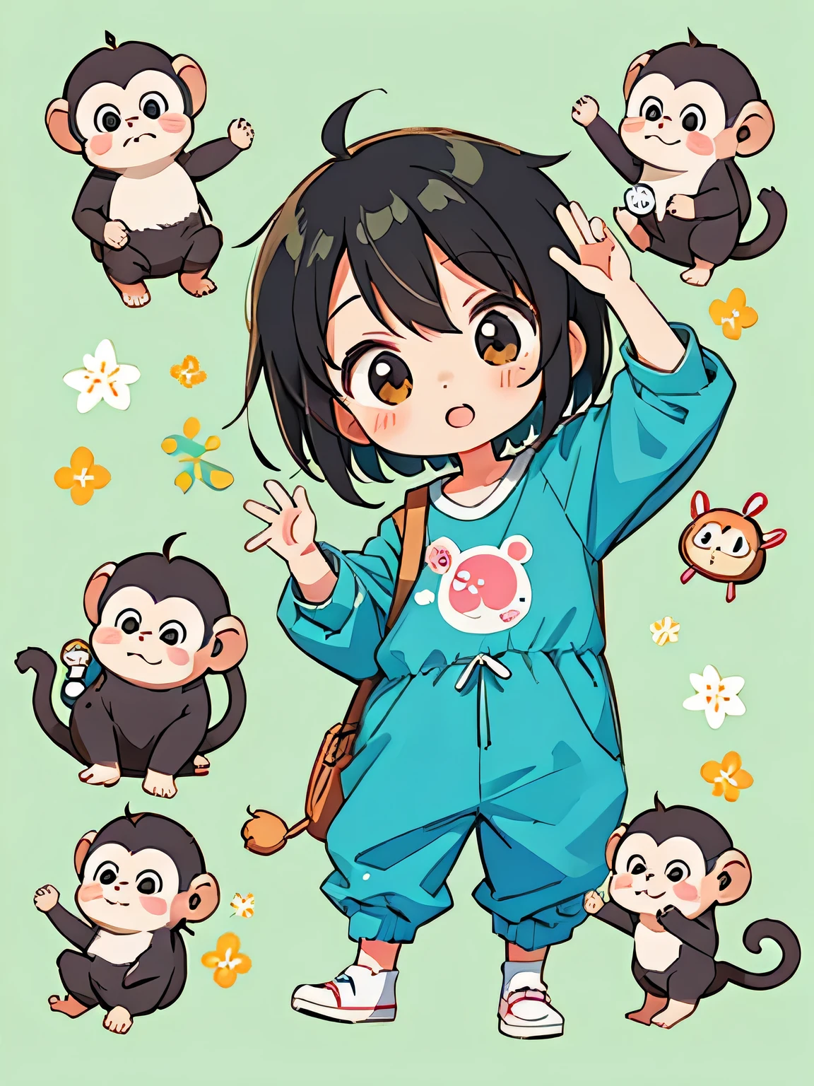 Fujio Akatsuka style, Kawaii Design, Chibi girl monkey, monkey Forest