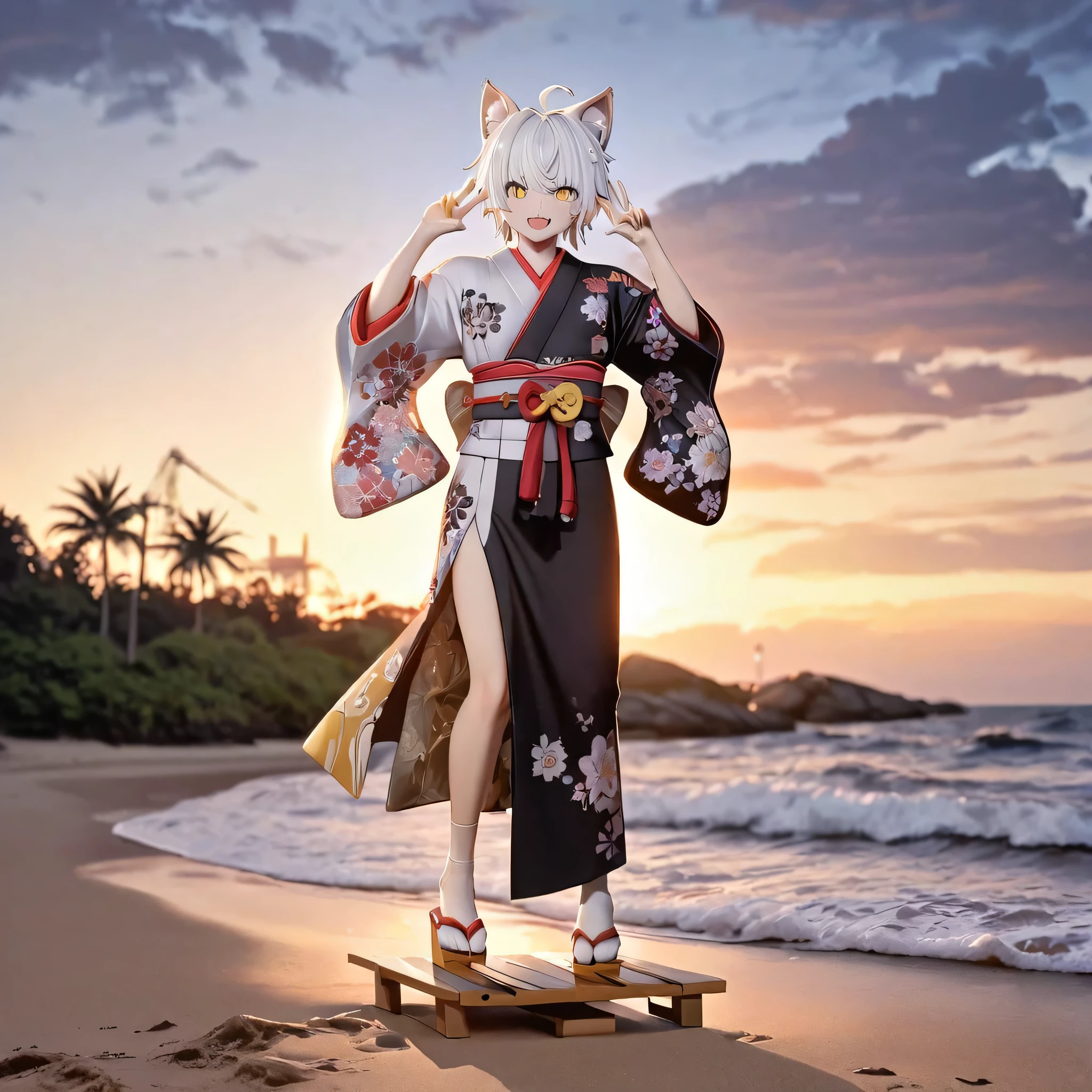 cat_boy,1boy,split color kimono,[(white kimono:1)|(black kimono:1.2)|(red lapel:0.7)],animal ears,white hair, short hair with a single long lock,ahoge,yellow eyes,slit pupils, dot nose, obi , white hakama skirt, white tabi socks, white geta sandals with red straps, crane and floral patterns on kimono,solo,alone,beautiful background,sea,beach,summer,tree,happy,water,dyanmic pose,V,focus on face,close up,