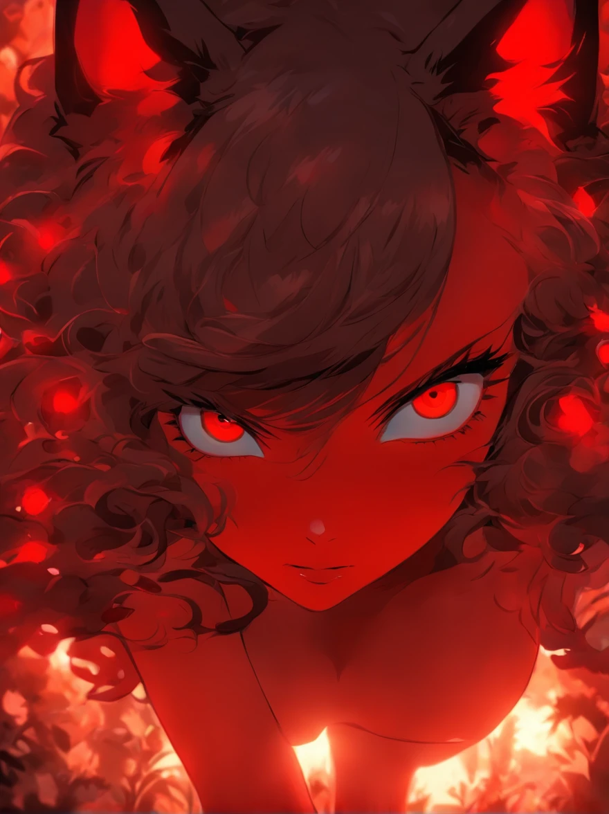 a beautiful girl with red eyes, pearl skin , long brown hair and wolf ears. She stay in the filed