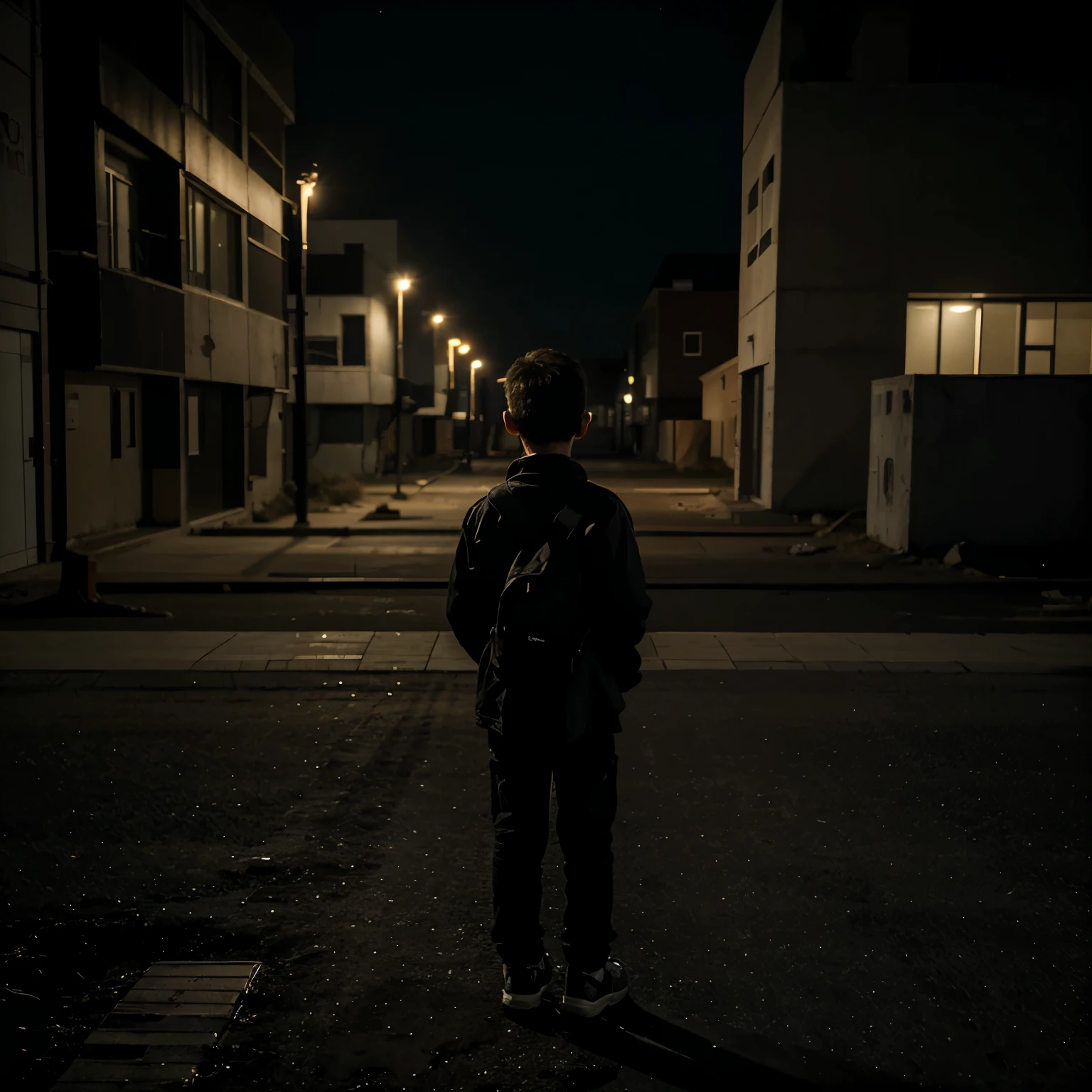 A young boy observing a desolate landscape, several buildings, an almost empty scene, few lights, bringing a feeling of fear