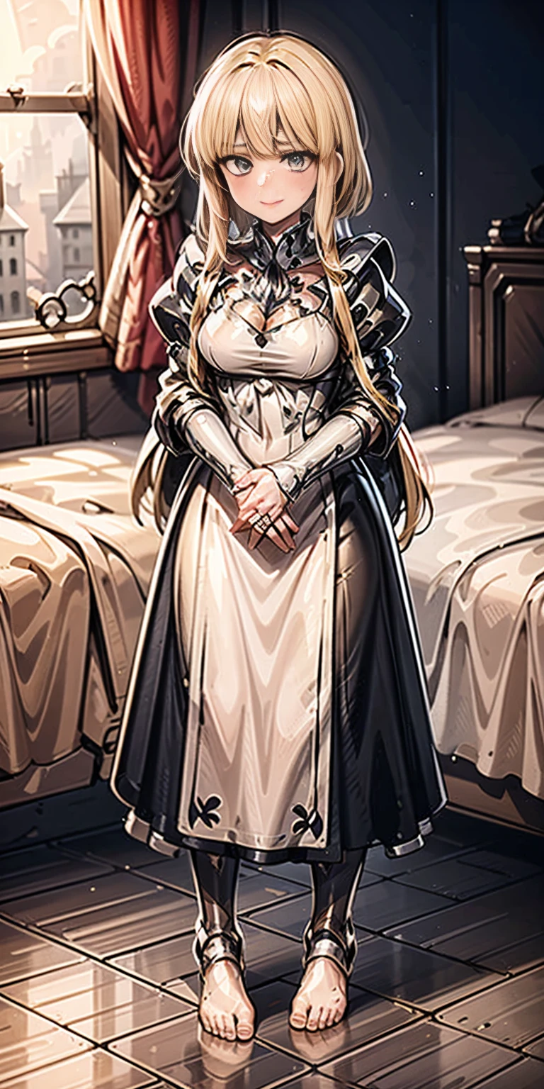 1sologirl cute, ((Short black hair girl and long blonde hair girl)), maid Victorian, maid apron, straight face, dazed, Body position: Standing, straight, symmetrical, barefoot, Lustful smile on face with red blush (Calca Bessarez - Overlord)