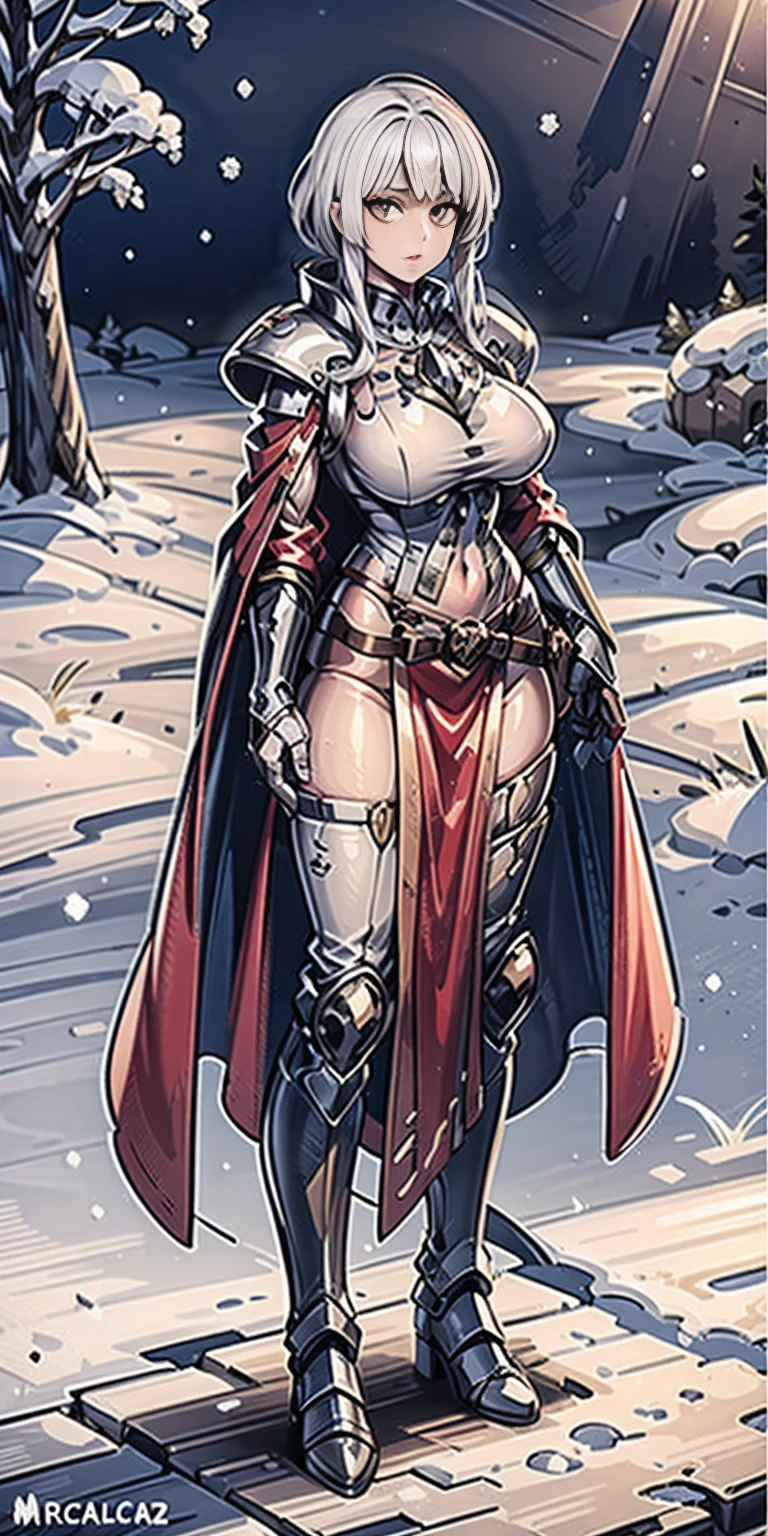 full body standing straight symmetrical, FEMALE warrior princess, big belt around waist, hair, very white skin like snow, wearing full heavy armor red cape, brown leather boots, adventurer outfit, veteran warrior MILF bimbo (Calca Bessarez - Overlord)