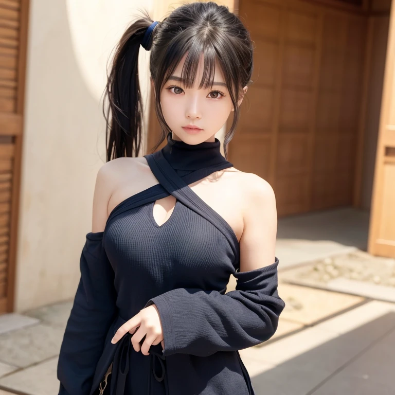 Ultra high definition、masterpiece、correct、Anatomically correct、Textured skin、Very detailed、High detail、high quality、最high quality、High resolution、8k、Surrealism、Raw photo、whole body、Beautiful Teenage Woman、One Japanese woman、Big beautiful eyeedium chest、Black hair ponytail、Off-the-shoulder navy blue ninja outfit、In a dark forest、Ninja