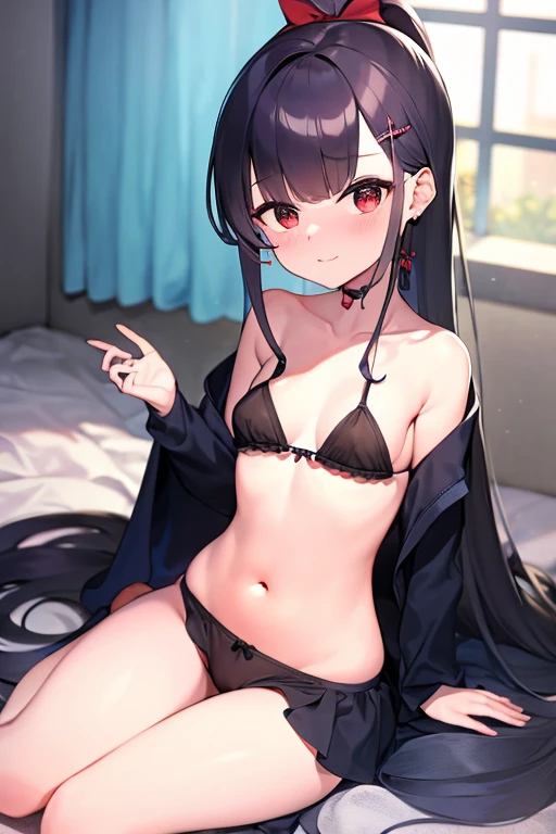Usando pantimedias, Cabello negro ondulado, mirada penetrante con ojos profundos de color rojo, estatura promedio, Silky hair with a ponytail hairstyle collected with a red bow with two white lines, con ropa, tiene vagina, tiene pechos, primer plano, Session, sitting in her room, sitting on the floor of her room, usando medias pantis, usando pantimedias, Pantimedias, falda corta, zapatos, blusa de tirantes, muslos grandes, culo grande, alta