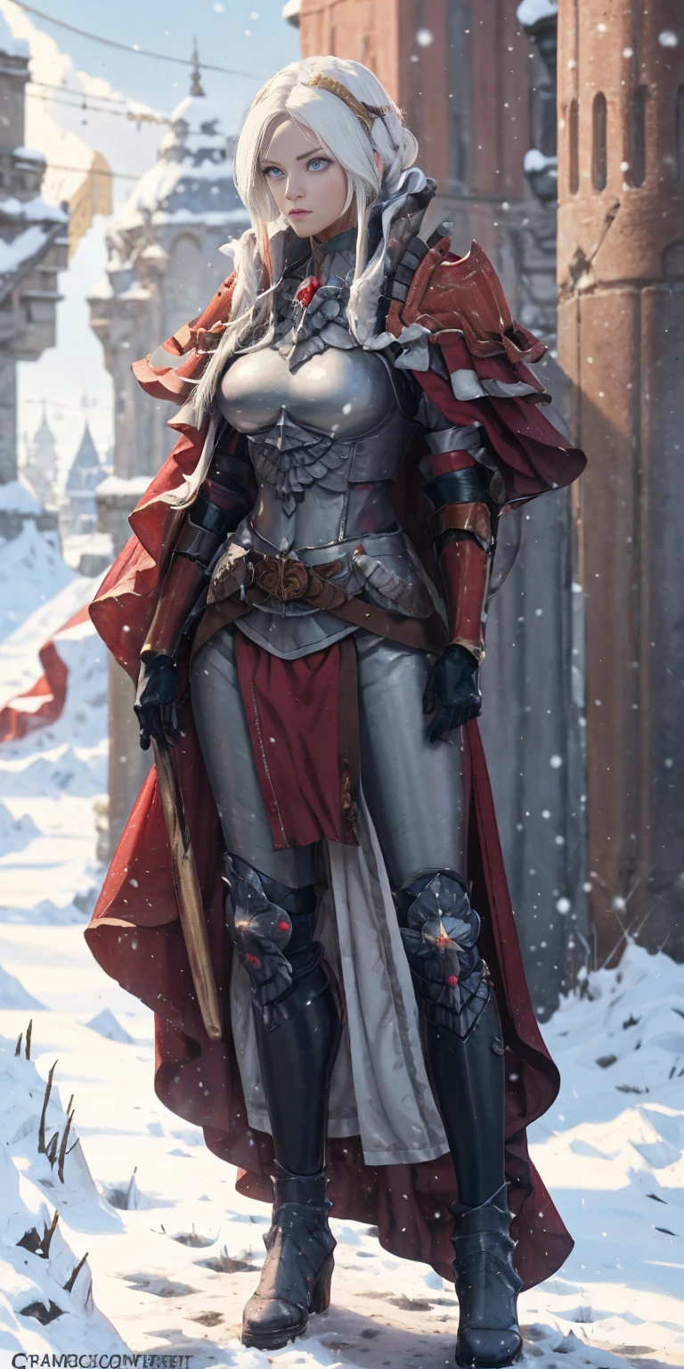 full body standing straight symmetrical, FEMALE warrior princess, big belt around waist, hair, very white skin like snow, wearing full heavy armor red cape, brown leather boots, adventurer outfit, veteran warrior MILF bimbo