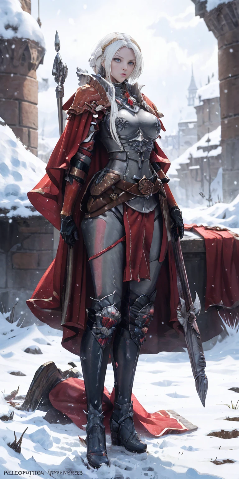 full body standing straight symmetrical, FEMALE warrior princess, big belt around waist, hair, very white skin like snow, wearing full heavy armor red cape, brown leather boots, adventurer outfit, veteran warrior MILF ?????