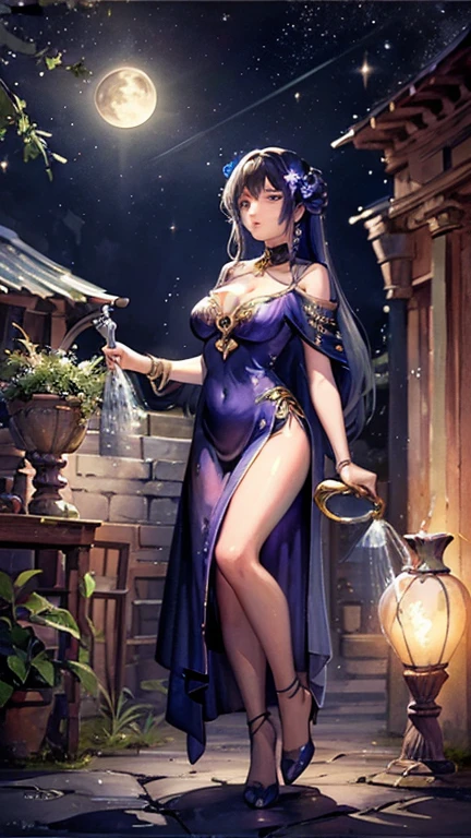 A mystical and artistic depiction featuring  a female figure who is pouring water from an amphora. The scene is set against a celestial backdrop with a glowing full moon and surrounded by zodiac symbols. The colors are vibrant, dominated by blues and purples, creating a dreamy, cosmic atmosphere.