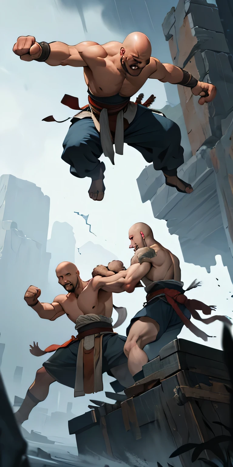 A legendary box fight between two bald ancient warriors, their fists flying with the force of a thousand storms.