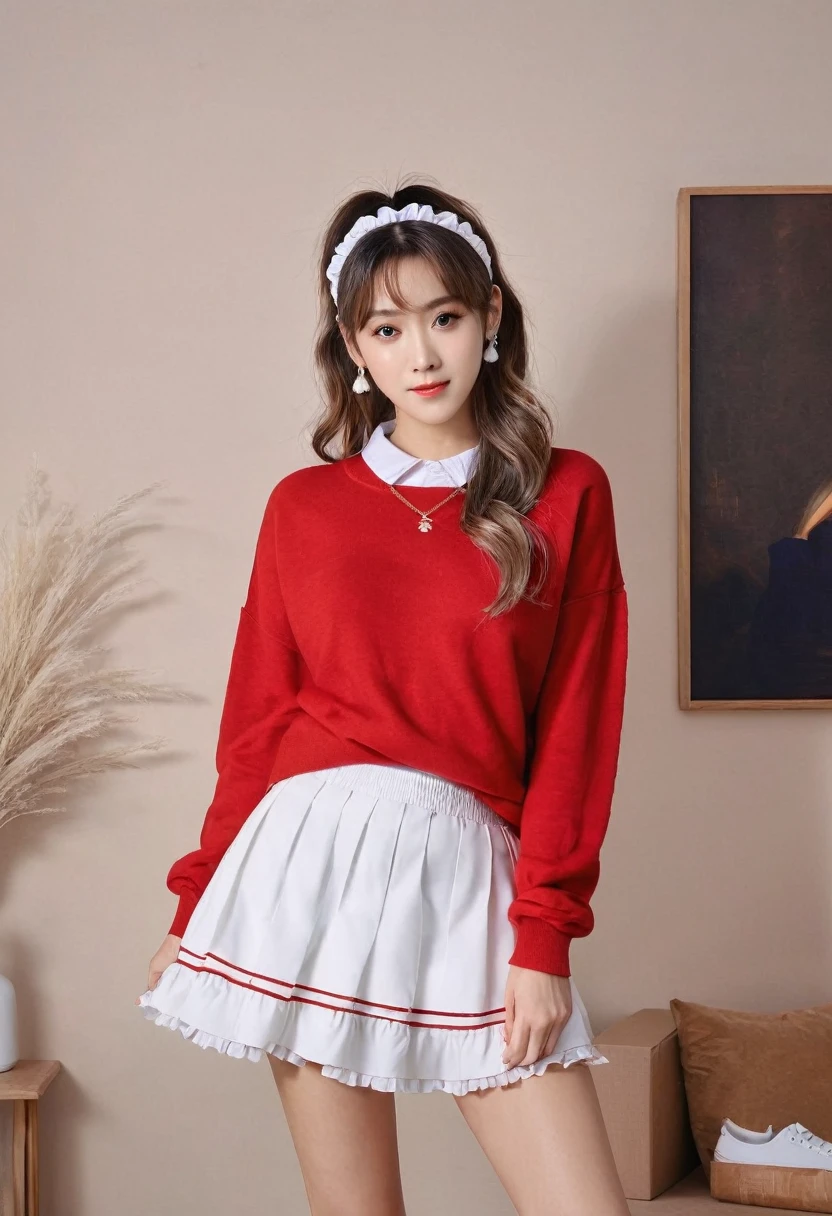 masterpiece, best quality, genny, hairband, red sweater, frilly white skirt, sneakers, standing, looking at viewer
