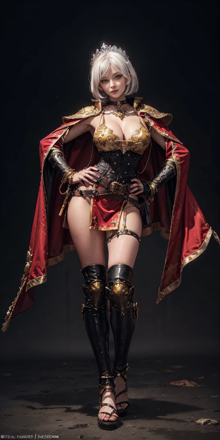 ((Masterpiece, plain background,1:2, masterpiece)) full body standing with two long yellow tiger print stockings, toned thighs, cleavage, separate yellow tiger print stockings thighs and sleeves, tiara royal, long cape up to two feet, yellow tiger bikini print, hands on waist, navel, lustful smirking smiling, smile face (red blushed, red cheeks) metal shoulders, armbands, black leather choker slave collar, full body standing with two long thighs and two metal sandals, red eyes, silver white hair, short bob hair, big knockers, cleavage, separate sleeves, tiara royal, long cape up to two feet, leather corset, yellow bikini, hands on hips, metal shoulders, armbands, black leather choker collar, shackles bracelets, slave red crest, pauldrons, loincloth standing, hands on hips, metal sandals, big belt, view from below, feet together, bracers, tiara, standing contrapposto straight symmetrical looking to viewer