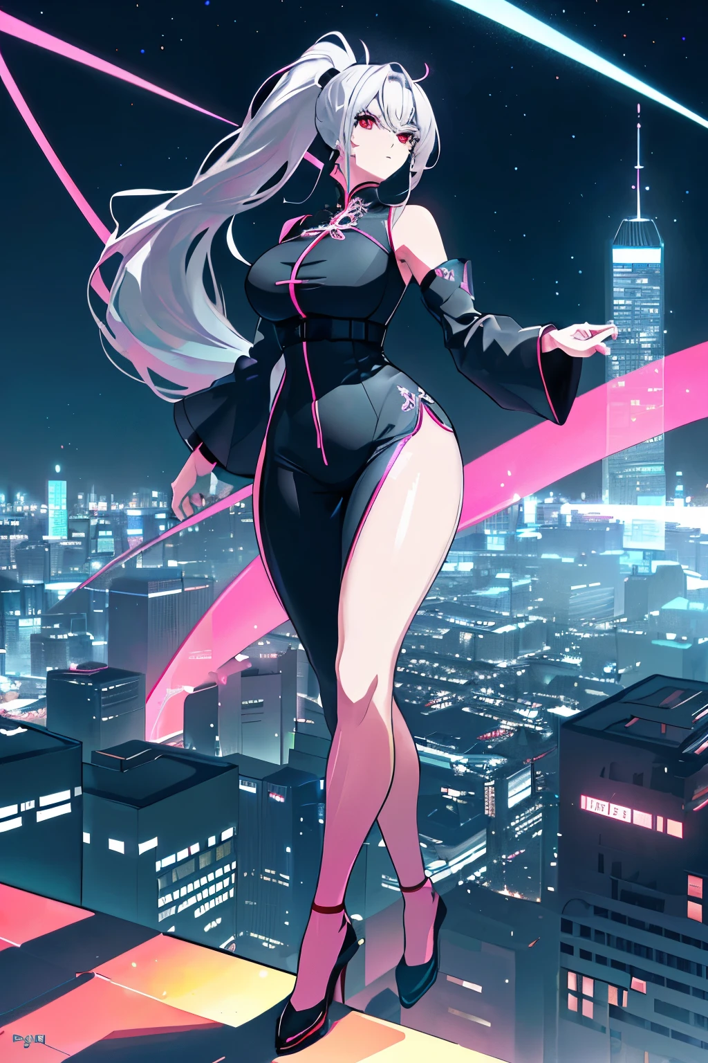 anime, (masterpiece, top quality, ultra-detailed, high contrast), 1 woman from Brazil (Alone, full body, plus size body, standing on the edge of a towering skyscraper, long silver hair in a ponytail, red eyes with perfect ruby sparkles, clad in a simple black qipao and black cybernetics adorned with neon pink accents, transparent black socks revealed), (skyscraper roof, overlooking a spectacular cityscape under the cover of night, detailed background bathed in darkness and low light pollution).