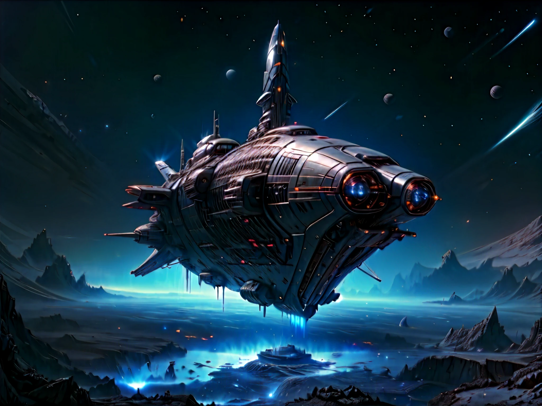In the limitless expanse of deep space, a colossal server building looms majestically on the right side of the image. Its metallic surface shines under the ethereal glow of distant stars, casting a multitude of twinkling lights that add to the mesmerizing scene. Uma nave de aspecto elegante, metallic hull radiates a subtle, brilho pulsante, arousing admiration in the observer, nacelas formam o corpo da nave