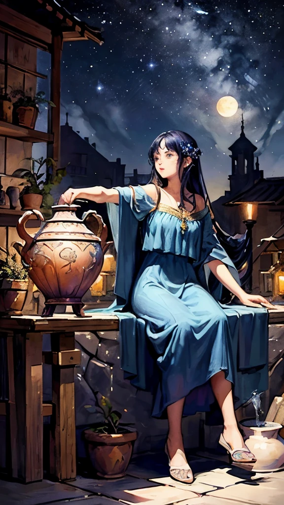 A mystical and artistic depiction featuring  a female figure who is pouring water from an amphora. The scene is set against a celestial backdrop with a glowing full moon and surrounded by zodiac symbols. The colors are vibrant, dominated by blues and purples, creating a dreamy, cosmic atmosphere.