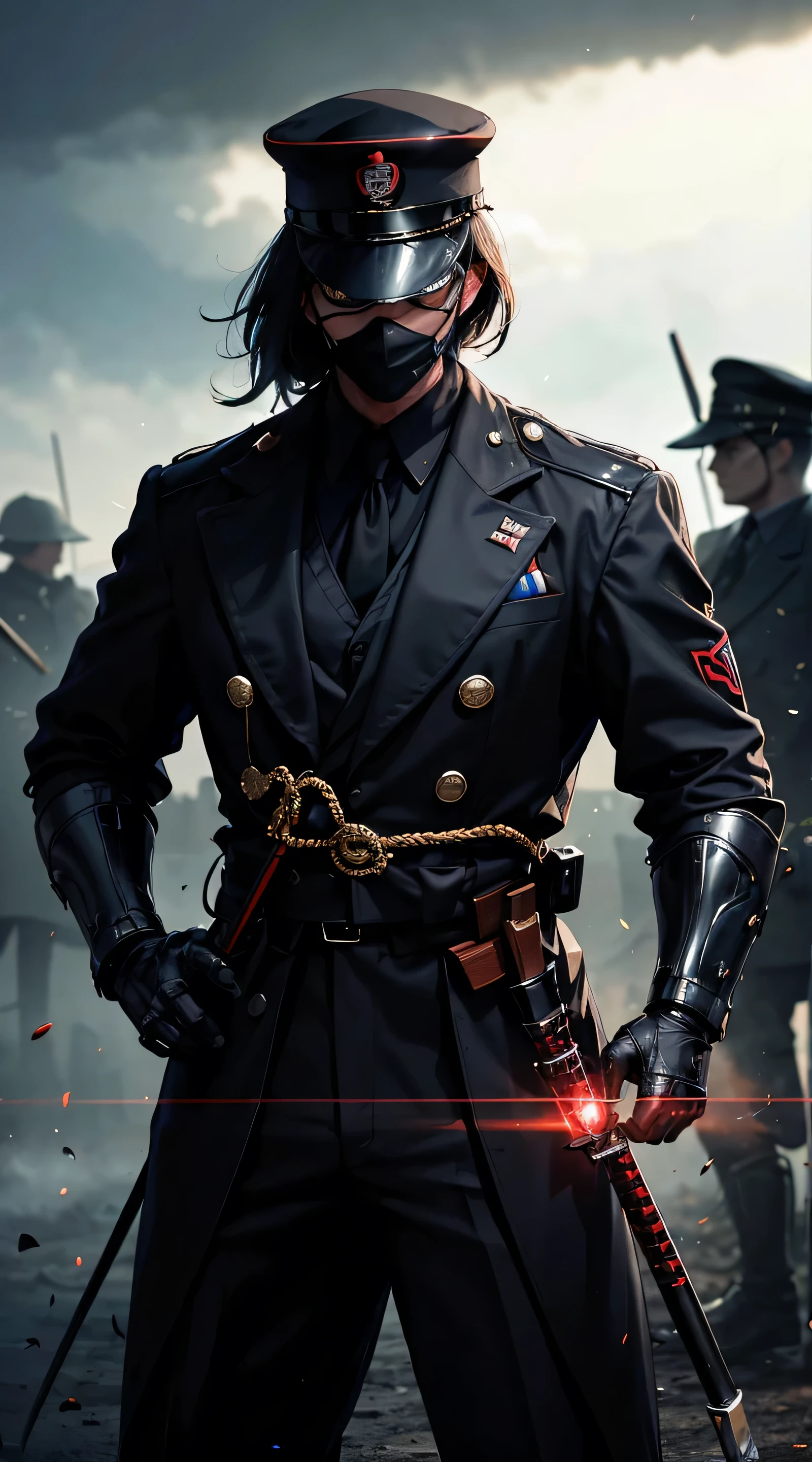 Handsome man holding katana, ww2 black suits, general ww2 hats, black eye mask, Germain town hall background,red blood element,hd light and dark, balance rendering, HD lighting and dark )<=(epic image quality)dark atmosphere with bright particle light(many effects in background)