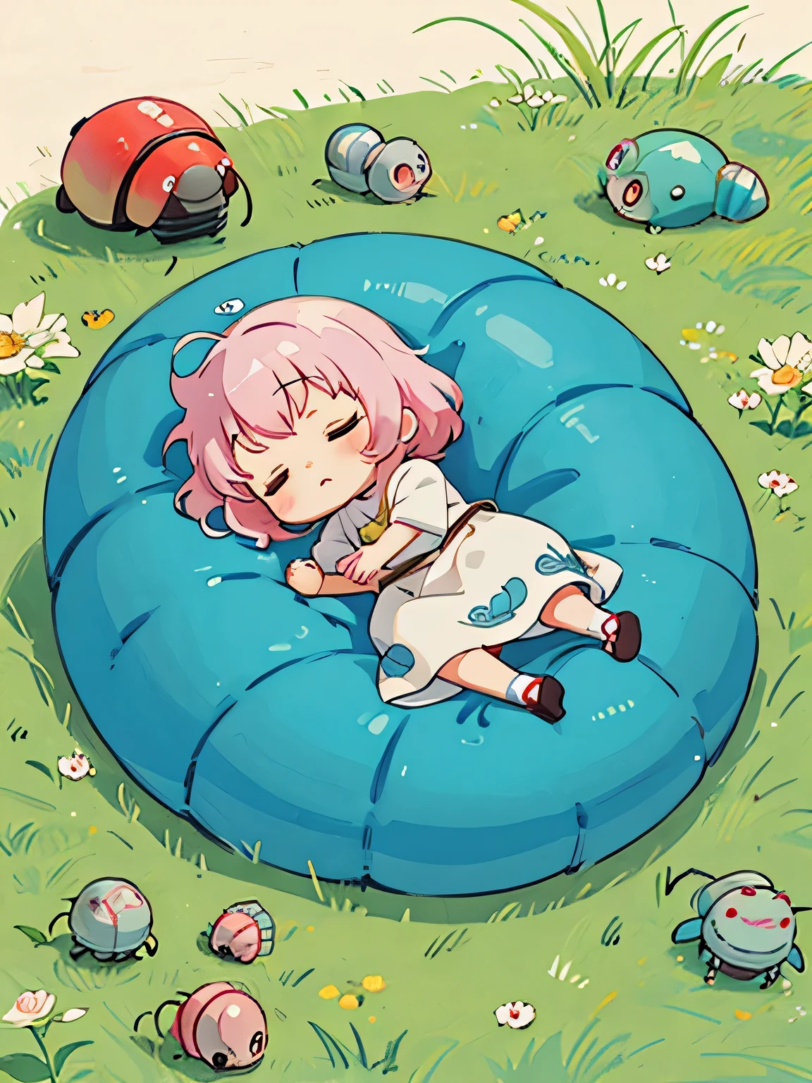 hayao Miyazaki、Kawaii Design, most beautiful girl ever、Chibi, afternoon nap、Colorful and cute pillbugs