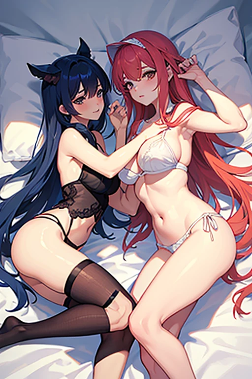 Duas garotas na cama se beijando( uma com cabelos grande e branco) e a outra (com cabelo vermelho) both in underwear, sexy no estilo hentai, se beijando. Corpo todo