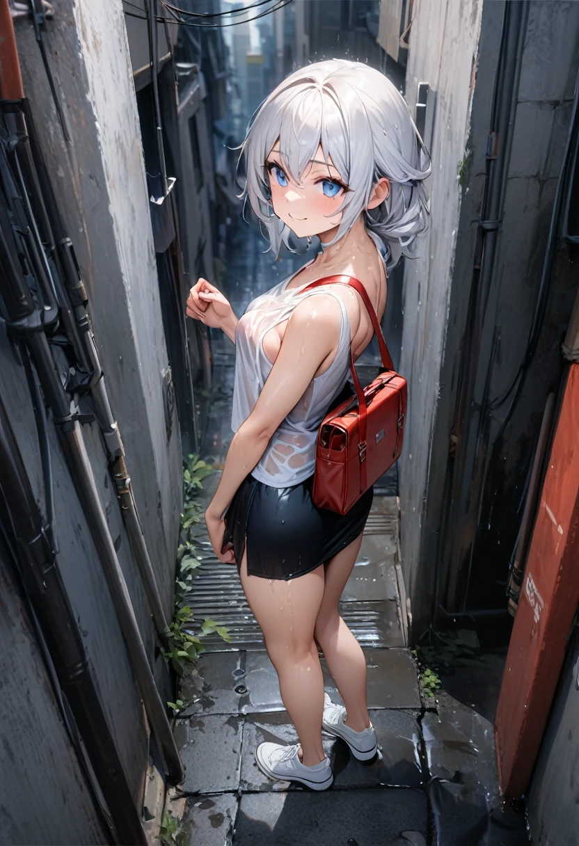 Masterpiece, Improved quality, High quality, Good anatomy, Healthy body, Whole fingers, Normal digits, 4k quality image, Girl, beautiful girl, perfect body, full body, perfect girl, long white hair messy back, blue eyes, natural smile, small breast, heavy rain with thunder strike, black mini skirt, white shoes, she is holding a red school bag, in a city alley, wet clothes, from above.