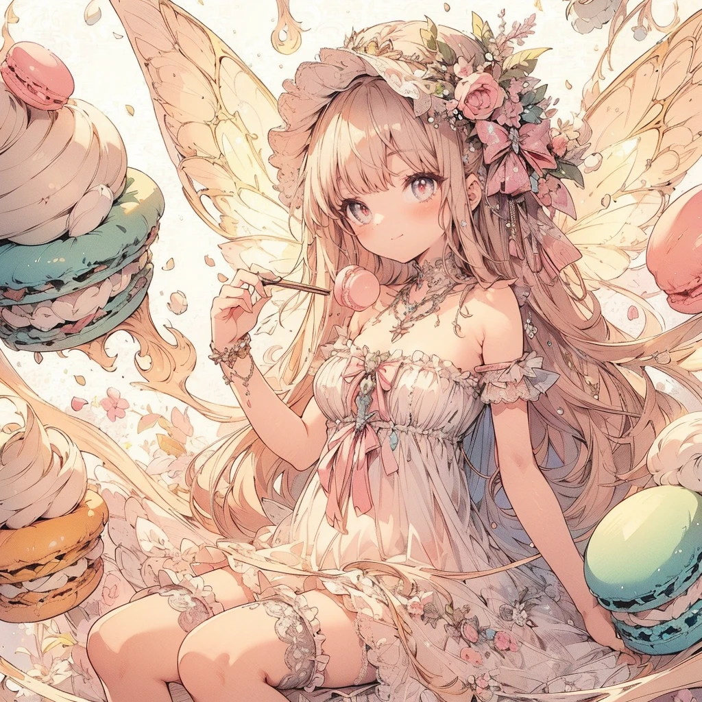 (Exquisite, beautiful, Very detailed, masterpiece, High resolution,high quality,High resolution),(Well-formed face,Soft and thin lines: 1.2, beautiful, Delicate and vivid illustrations with a mature and clear feel), In the background, there are delicious looking macaroons and a large amount of liquid whipped cream flowing, with a fairy smiling happily.,A fairy with beautiful fairy wings growing from her back, a macaron motif, a corset with lace, frills and ribbons, a pastel pink base with white and black, a frilly dress with an open neckline and knee-high socks.,She is wearing a tiara, necklace, earrings, bracelets, and long leather boots.,(There are delicious looking macarons in the background.),(A fair-skinned, short-browed, pale pink cheeks, plump pink lips, beautiful eyes, and a rather large, fluffy bust. A good-looking fairy.),Vivid colors, striking colors and dynamic angles,Dream Cute,