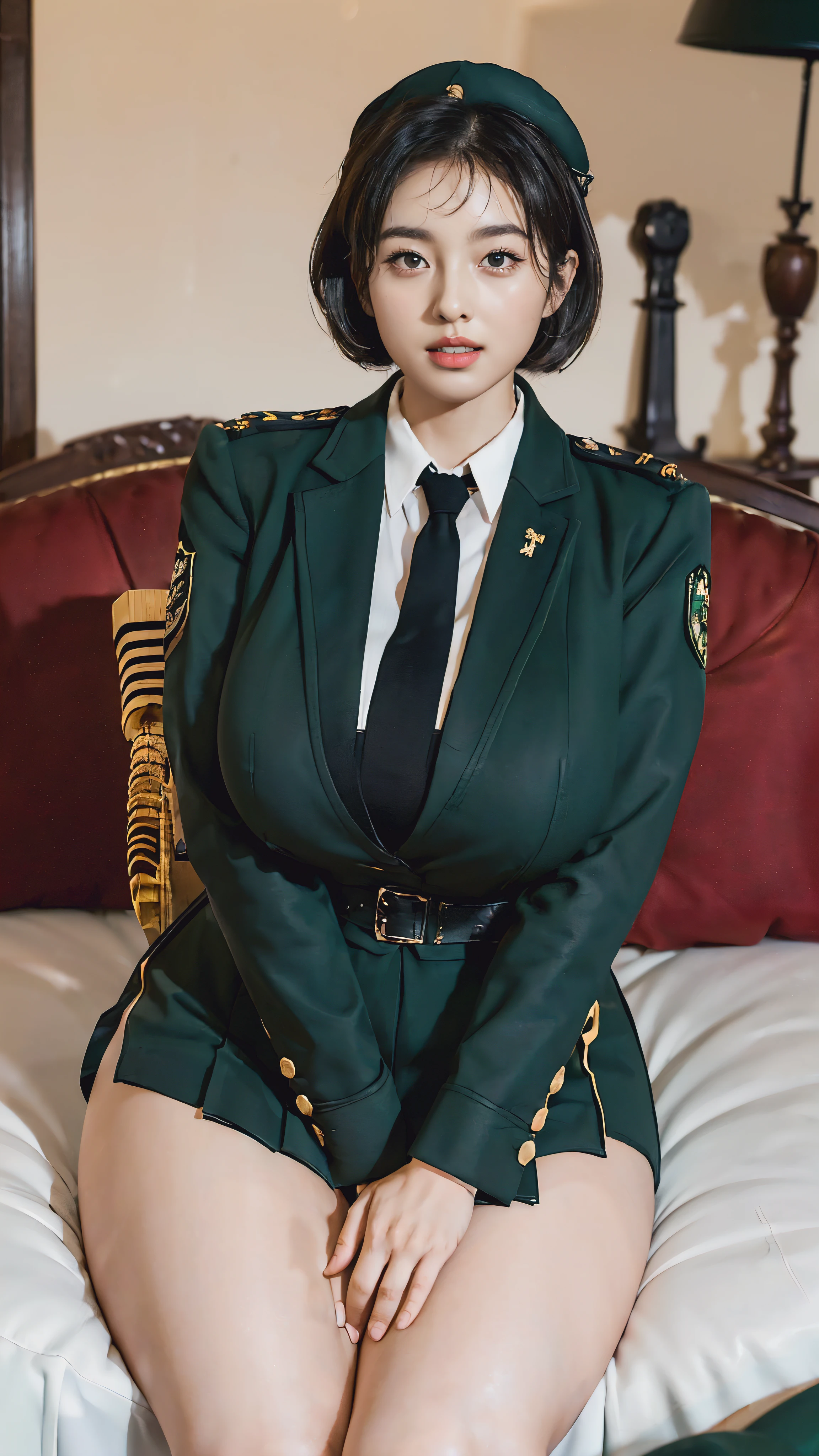 Usually detailed CG Unity 8K wallpaper，（tmasterpiece），（Best quality at best），（ultra - detailed），（ultra real photo），（best character detail：1.36），Nikon D750F / 1.4 55mm，RAW photos，profesional lighting， physically-based renderingt, 1 plump girl, girl soldier，(Dark green military uniform，Business suit，Fabric texture military uniform, perfect military composure)，(black necktie)，((white panty,))，bare-legged，Plump thighs,(military hat)，((Large wavy curls,curly hair, hair behind ear, (bob cut)):1.2)，the golden ratio,[:(Have a delicate face:1.2):0.2]:，PureErosFace_V1，Dark thick eyebrows,(gigantic breasts:1.55),(gigantic ass),(Plump thighs:1.45),(Wide crotch:1.55),((Place your finger to your breast):1.4)，Close-up shot，((Smile full of confidence， shy):1.35)，(((Close-up of panties),(Close-up of chest,closeup of face),Front view))，(Sunset sky，gentlesunlight，sunshine on face，(light shining on face)，blue-sky，Sunny smile，light glow)，white teeth，(looking at me)，(((thicc, bbwchan, thick thight, Wide hips, Buttocks swell crazily,🐎🍑,(Spread your legs widely:1.2),attractive pose,sexy pose,there  a woman in uniform sitting on the ground with her legs crossed, bare thighs, bare legs, seductive smile, film grain, cinematic lighting) )，azur lane style),spread legs,((Red flags fluttering)),black eyes，glowing skin，snow white skin，(Very close shot),(strong woman),Shot from the side