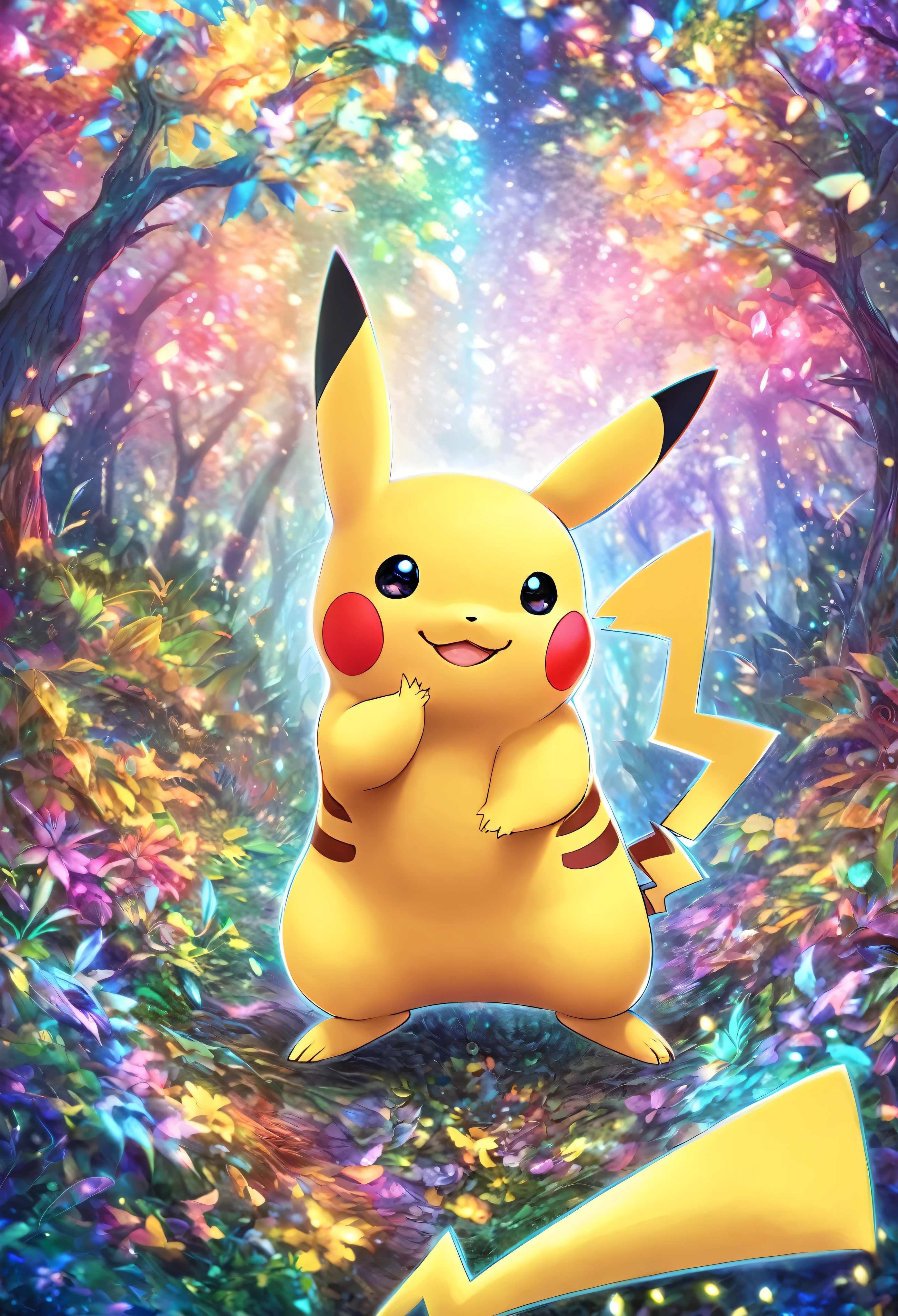 Pikachu, interesting, highest quality, highest quality, 16k, Big smile, Cute pose, in the forest, Fantasy world image, Fantastic and mysterious, Sparkling rainbow pastels and vibrant colors、Diverse visual style combining various artistic elements