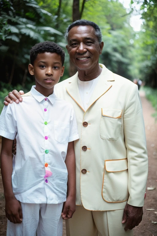 (a)young black boy wearing white clothes standing next to his handsome black father and grandfather wearing white,(a)standing together in a forest,(a)summer,(medium:1.1)film grain,[Ilford HP5],80mm,(best quality,4K,highres,masterpiece:1.2),ultra-detailed,(realistic:1.37),portraits,vivid colors,studio lighting,(warm tone),(bright light)