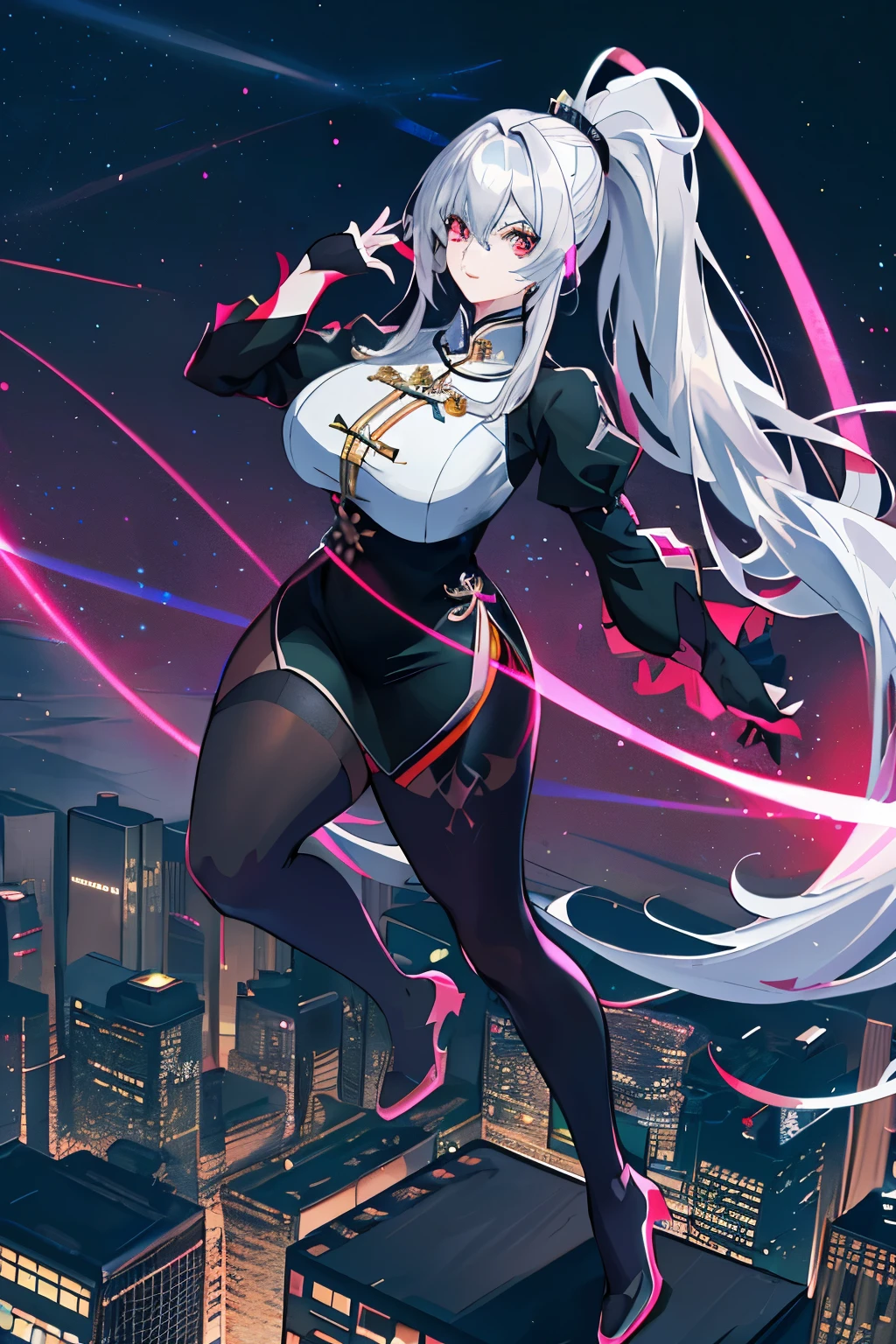 anime, (masterpiece, top quality, ultra-detailed, high contrast), 1 woman from Brazil (Alone, full body, plus size body, standing on the edge of a towering skyscraper, long silver hair in a ponytail, red eyes with perfect ruby sparkles, clad in a simple black qipao and black cybernetics adorned with neon pink accents, transparent black socks revealed), (skyscraper roof, overlooking a spectacular cityscape under the cover of night, detailed background bathed in darkness and low light pollution).