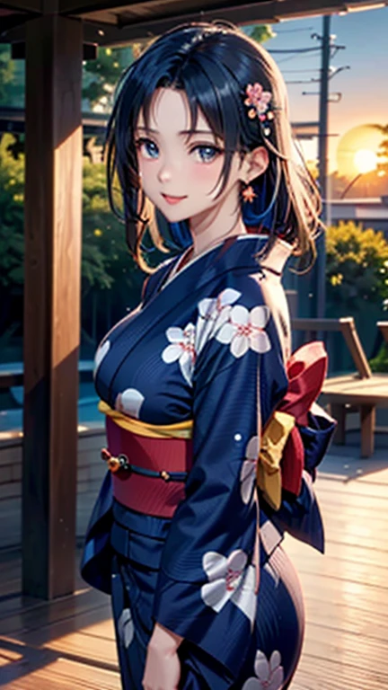 (((UHD)), ((highest quality)), ((masterpiece)), (Very detailed), (High resolution), (Beautiful detailed sparkle), (High detail), (Anatomically correct)), ((Realistic)), 8k, 1080P, Photorealistic:1.37, CG illustration, Anime 2D Rendering,

(((One Woman))), 
(Symmetrical facial features:1.4, Perfect Face), Beautiful clavicle, (Beautiful fingers), (((Beautiful breasts, Slightly smaller chest))), 
Beautiful body, Beautiful thighs, Beautiful feet, Perfect round butt, (((Detailed skin, Textured skin, Beautiful white skin:1.4))), 

(((Baby Face, cute, 20-year-old))), 
(Droopy eyes, Expression of fine eyes, Beautiful and delicate eyes, Sparkling eyes, Eye Reflexes, Dark Eyes), 
(Beautiful Nose,Thin Nose), 
(Smaller mouth, Glossy Lips, Beautiful Lips, thick lips), 

(Beautiful Hair, Shiny Hair, Shiny Hair), Hair fluttering, (((Blue Hair, Forehead, Bobbed hair, Very long side bangs))), 

(kimono:1.4、Light blue yukata:1.4)、Earrings、
BREAK 

(Captivating smile), 
(Character Focus,  Cowboy Shot),  

BREAK 
((evening、The setting sun shines、Veranda)), 

