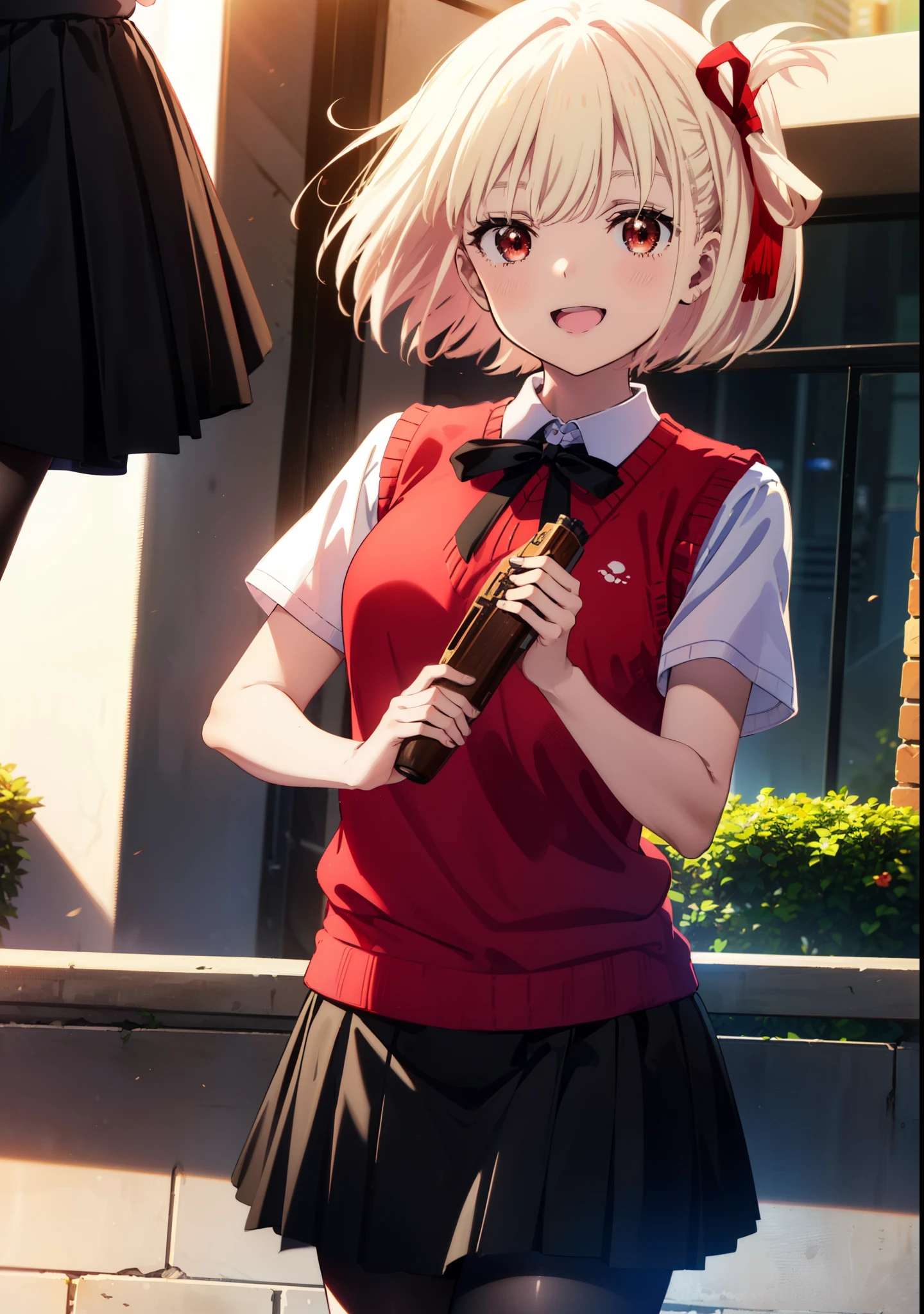 chisatonishikigi, Chisato Nishikigi, short hair, bangs, Blonde, (Red eyes:1.5), hair ribbon, One side up, Bobcut,happy smile, smile, Open your mouth,
white yシャツ, Short sleeve, Pleated skirt, socks, Collared shirt, mini skirt, Black pantyhose, (Black Skirt:1.5), Sweater vest, (red Sweater vest:1.5),Brown loafers,morning,morning陽,The sun is rising，
break outdoors, city,
break looking at viewer, (Cowboy Shot:1.5),
break (masterpiece:1.2), highest quality, High resolution, unity 8k wallpaper, (figure:0.8), (Beautiful fine details:1.6), Highly detailed face, Perfect lighting, Highly detailed CG, (Perfect hands, Perfect Anatomy),