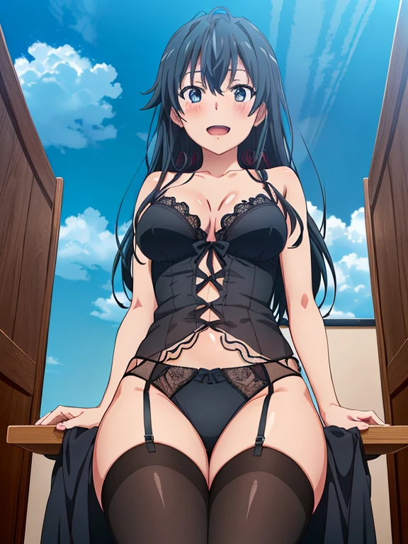 ((masutepiece, Best Quality, hight resolution, nffsw, Perfect Pixel, depth of fields, 4K, 1girl in, Solo, , Beautiful anime girl, Beautiful Art Style,
sitting on table:1.3, show close feet:1.5, sky from below:1.5, full body:1.5, bathroom background, Looking at viewer.
Perfect body, happy, show teeth, show feet:1.5,
yukinoshita yukino, large breasts, Full face blush, black stockings, black lingerie,
straight on:1.3, medium shot
