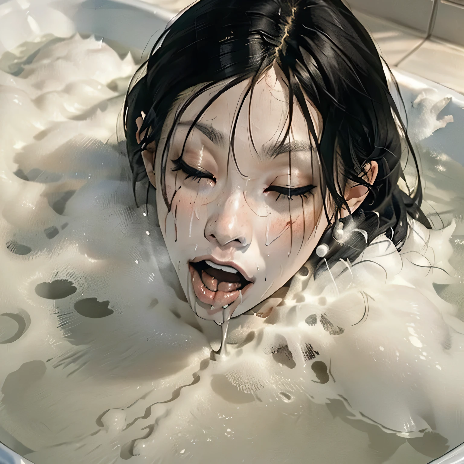 (masterpiece:1.3), (8k, Realistic, RAW Photos, highest quality: 1.4), ((1 Kayako)), Beautiful Face, (Realistic Face), (Black Hair, Long Hair:1.5), Beautiful hairstyle, ((The face is hidden by bangs:1.3)), Realistic eyes, ((White of the eyes:1.2)), Beautiful fine details, (Voluptuous body), (Realistic Skin), Beautiful Skin, ((Pale skin:1.4)), Absurd, Charm, Ultra-high resolution, Ultra-realistic, Very detailed, Golden Ratio, ((Soaking in the bath, Half of his face is above the water:1.2)), ((orgasm:1,3)), ((Eyes closed)), (Flushed), (Shyness:1.1), (cum on face:1.4), ((Mouth open, cum on mouth:1.1)), ((Bubble bath:1.1)), (Completely naked), (A dark love hotel bathroom), (steam:1.4), ((cowboy shot)), Top-down view