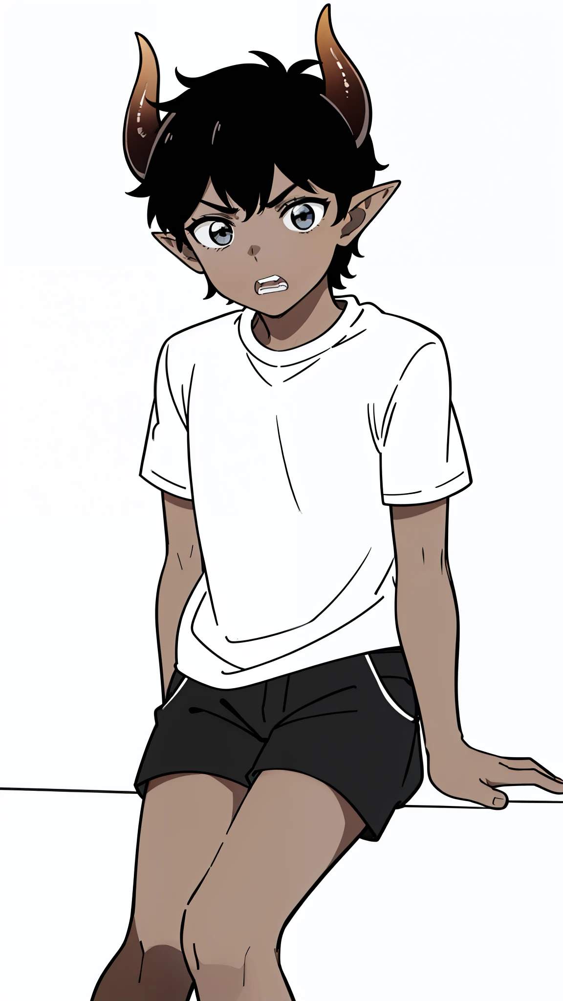 (1boy,8 ,solo),((dark skin)),((white shirt,short sleeves,black shorts)),Short hair,black hair,elf ears,(horns),(white background,line drawing),sitting,scared expression,open mouth,clenched teeth