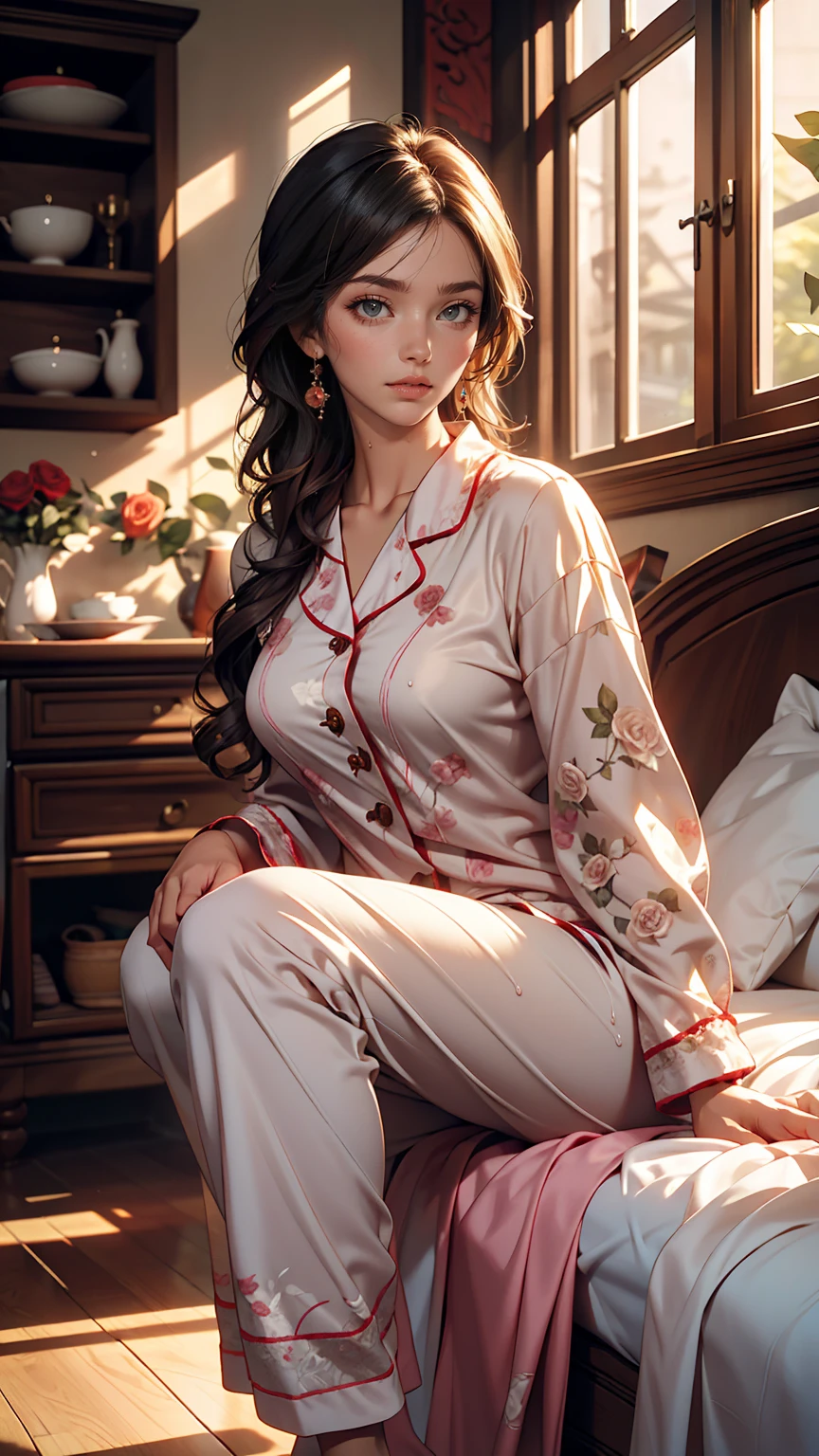 Girl surrounded by black roses, The sunlight is streaming in through the window, Create a warm and cozy atmosphere. She is wearing wet pajamas, Asian Myanmar Girl, Realistic, highest quality, photo-Realistic 8k, (highest quality:1.1), masterpiece, (Realistic:1.1), photo-Realistic