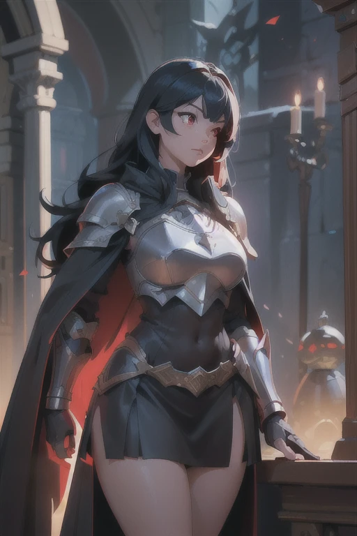 Highres, best quality, extremely detailed, female paladin, dark armor, revealed belly, black feathered cape, short skirt, red eyes, Dark curvy long hair, overlooking an army, fantasy style, area lighting, hourglass_figure, HD, 8k, black hair,