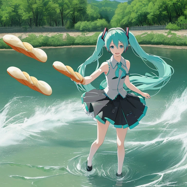 Hatsune Miku catching French bread in the river