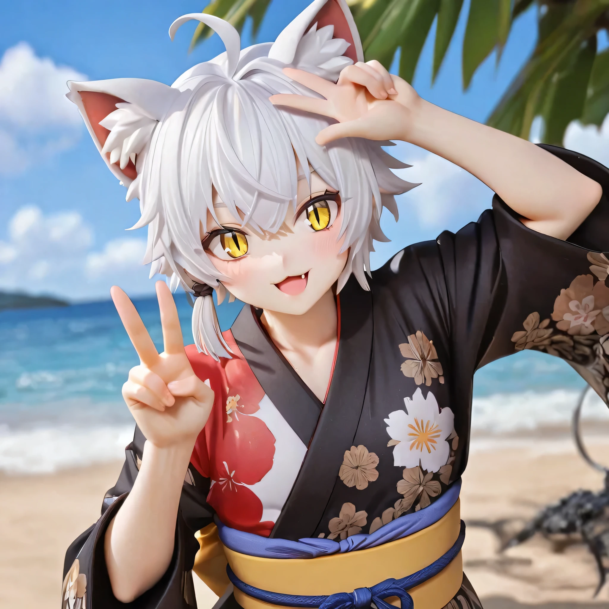 cat_boy,1boy,split color kimono,[(white kimono:1)|(black kimono:1.2)|(red lapel:0.7)],red animal ears,white hair, short hair with a single long lock,ahoge,yellow eyes,slit pupils,  crane and floral patterns on kimono,solo,alone,beautiful background,sea,beach,summer,tree,happy,water,dyanmic pose,V,focus on face,(close up),