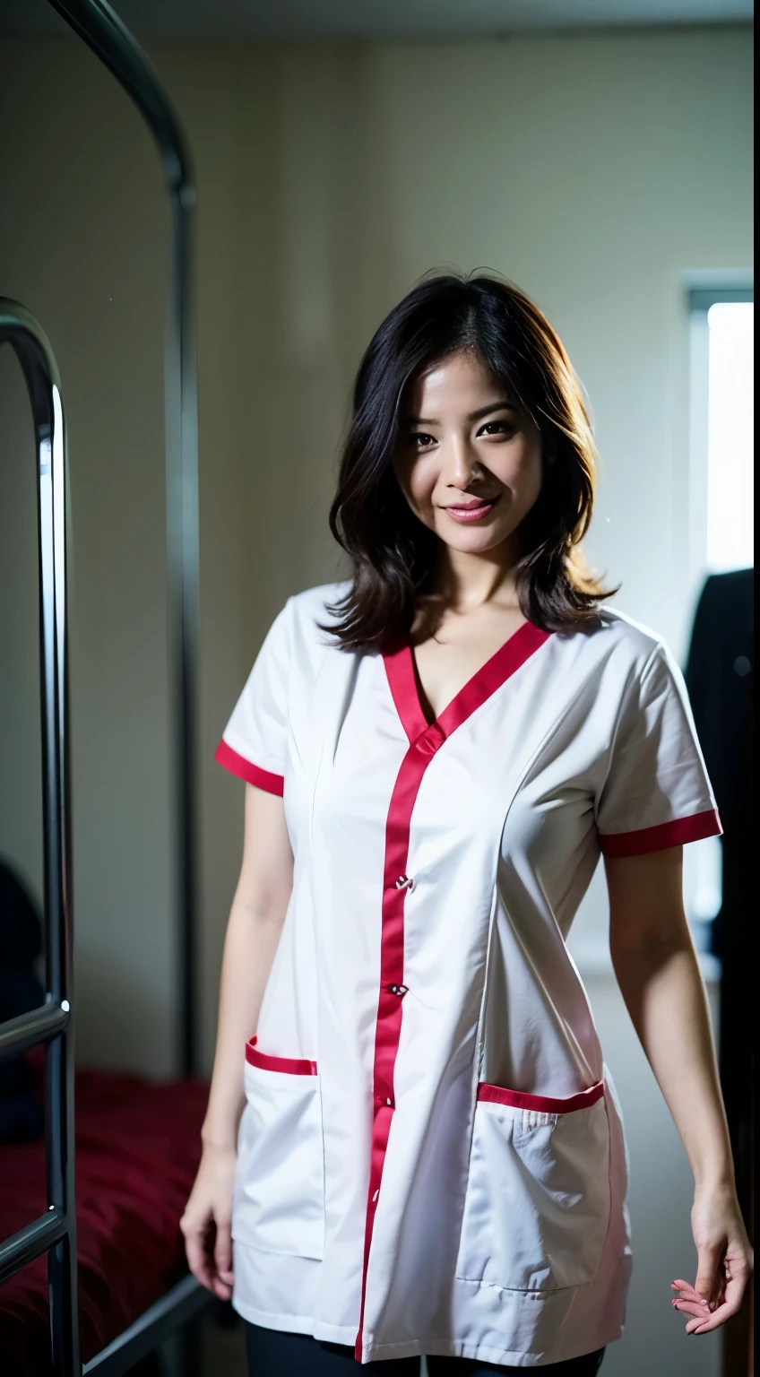 (1 The Ultimate Beautiful Mature Nurse) 、 Super accurate face 、 Detail Lip 、 Details 、 double eyelid 、 ((Dark Short Style)) 、 (Nurse uniform: 1.3) 、 (Fancy figures) 、 smile 、 Upper Leg, Perfect fit, Perfect Image Realism, background: (Hospital room: 1.2) Cowboy gets shot, Detail background, Details Clothing, Perfect lighting 、 Surrealist 、 (photograph: 1.4) 、 Maximum resolution 8K, (luxury) Very detailed, Professional