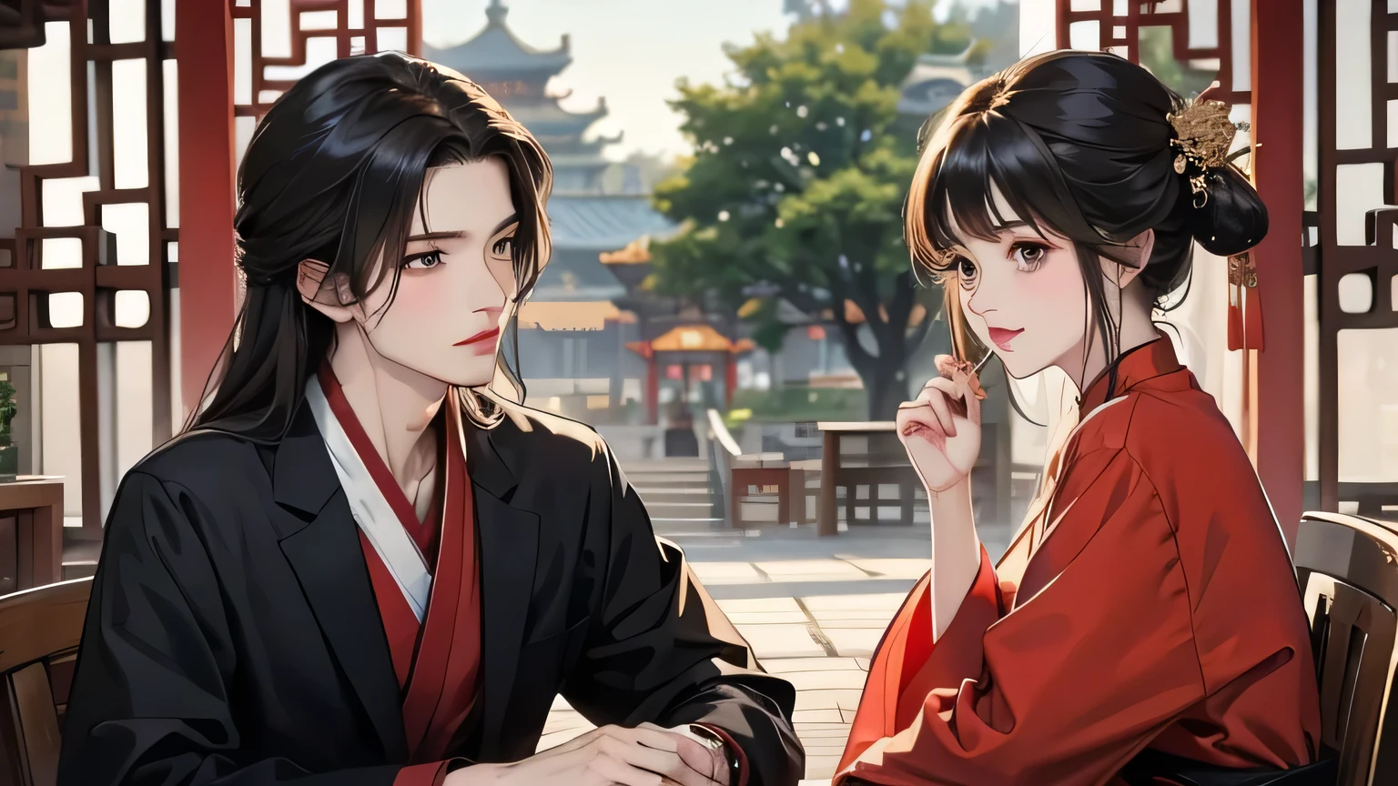 Chinese style couple's head in red clothes,With snow-capped mountains as the backdrop,Two characters cannot be in the same frame。