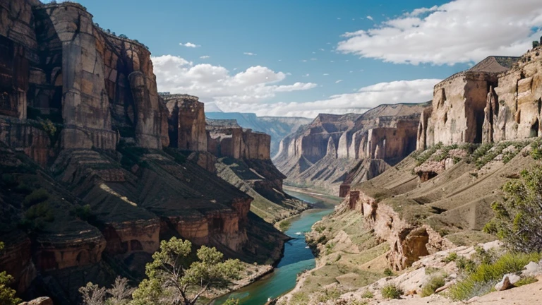 See a landscape that captures the essence of nature in its purest form. A great canyon unfolds before you, with a natural viewpoint strategically located to offer the most impressive view. Desde esta perspectiva elevada, las formaciones rocosas se revelan en toda su magnificencia, con capas de colores terrosos que cuentan la historia de la tierra. The river flowing at the bottom of the canyon shines with sunlight reflections, while the mountains in the distance stand as guardians of this natural sanctuary. Este mirador es un testimonio de la belleza inalterable del mundo, a place where one can immerse oneself in contemplation and feel part of the vast tapestry of life.