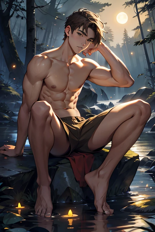 young guy, 18 years, Beautiful face, short hair, Brown hair, Brown eyes, Yellow briefs, bare top, slender body, sitting on a stone, spread legs, night, forest landscape, lake, fireflies, Moonlight.